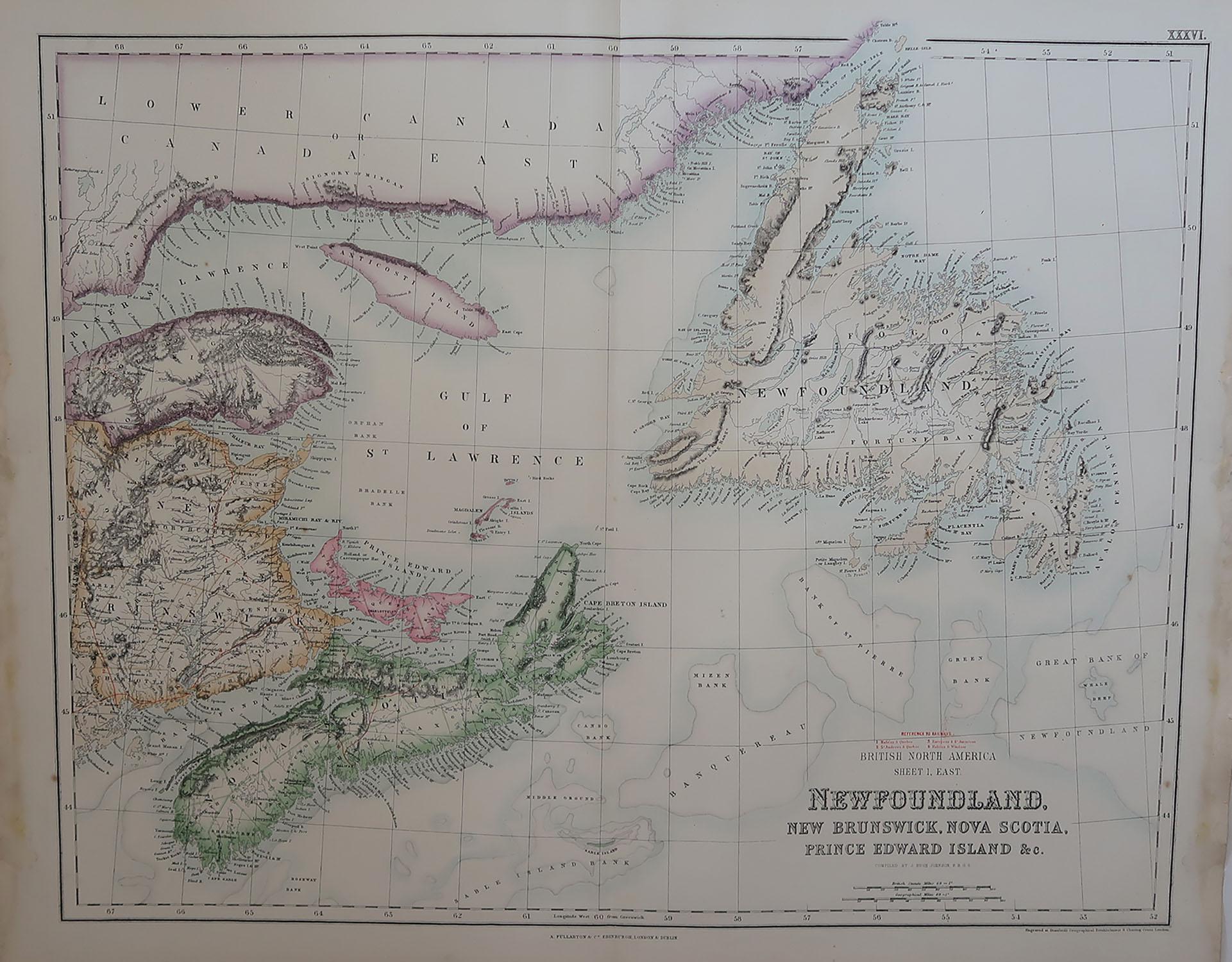 Great map of Newfoundland. Also showing Nova Scotia, New Brunswick, Prince Edward Island etc.

From the celebrated Royal Illustrated Atlas

Lithograph by Swanston. Original color. 

Published by Fullarton, Edinburgh. C.1870

Repairs to minor