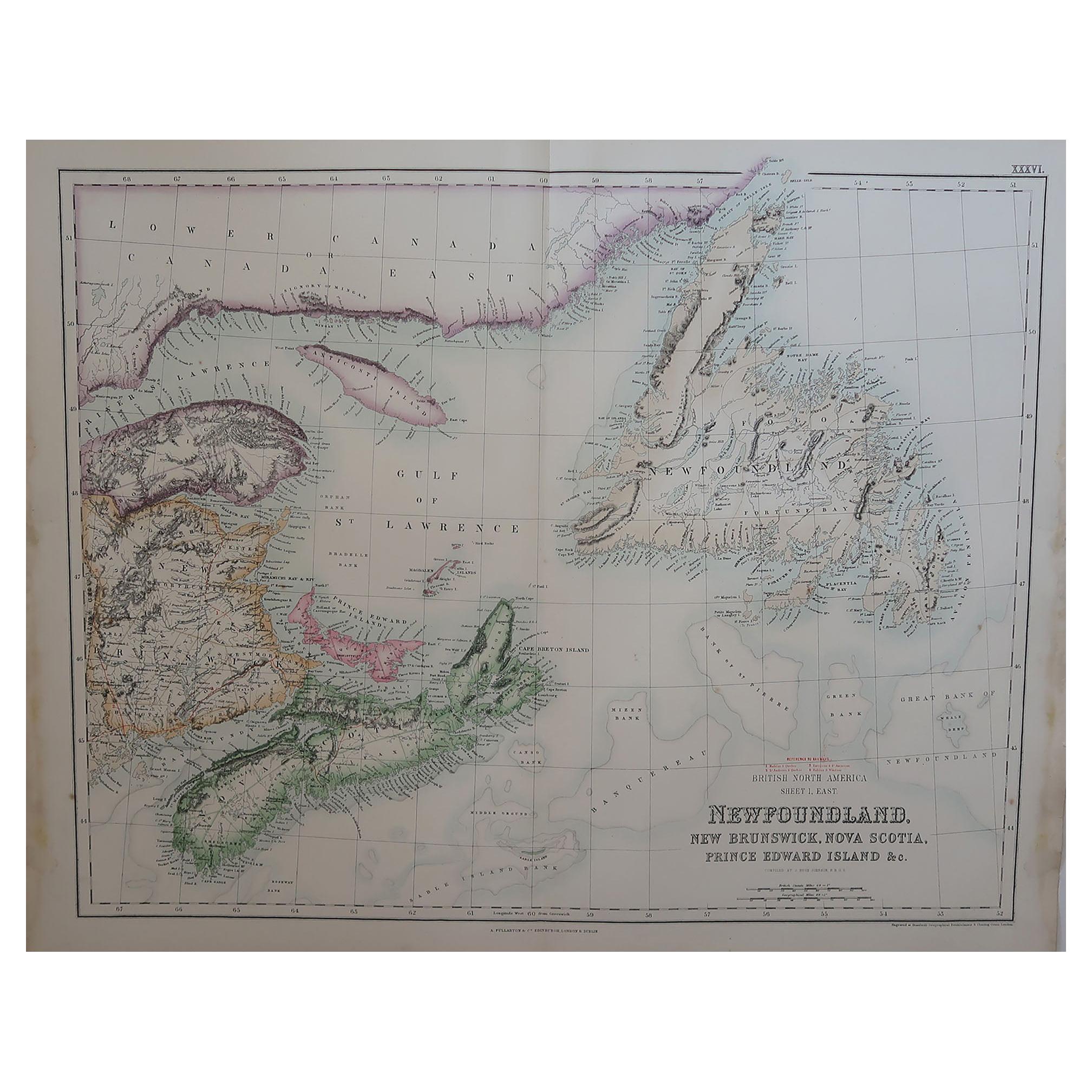 Large Original Antique Map of Newfoundland, Nova Scotia &c. Fullarton, C.1870