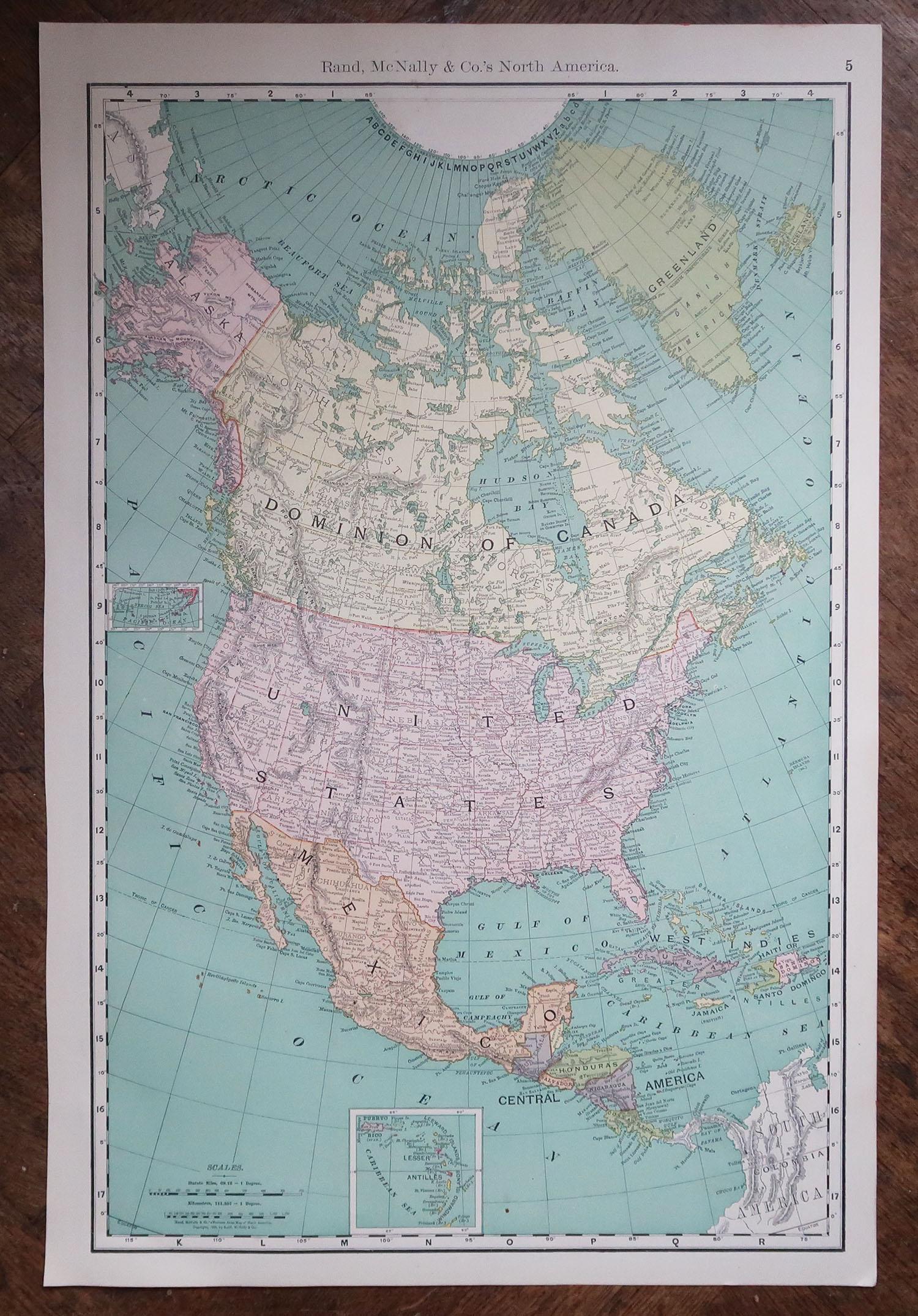 American Large Original Antique Map of North America, 1891