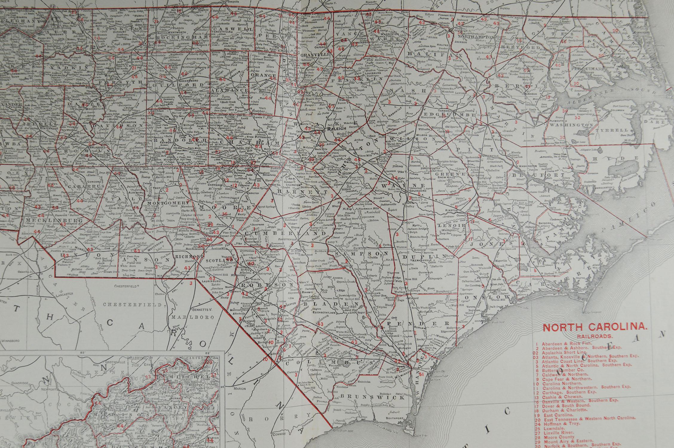 Edwardian Large Original Antique Map of North Carolina by Rand McNally, circa 1900