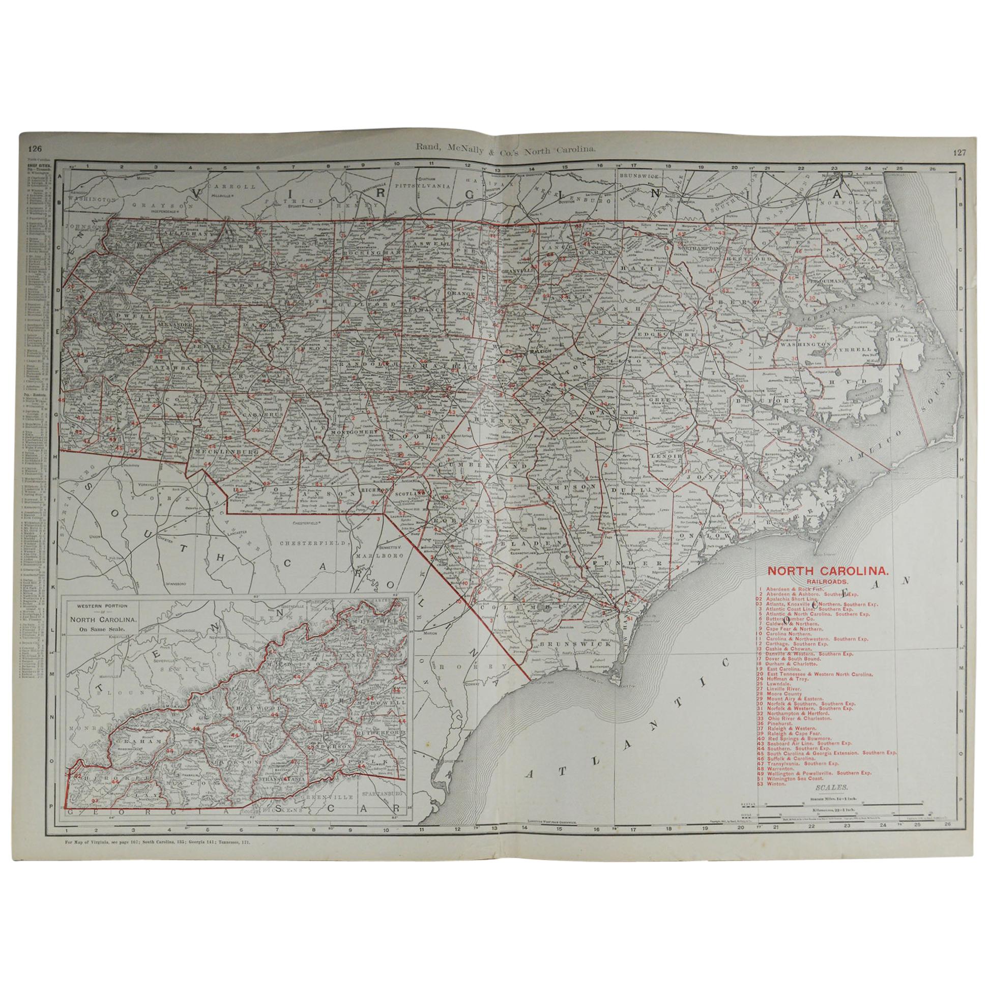 Large Original Antique Map of North Carolina by Rand McNally, circa 1900