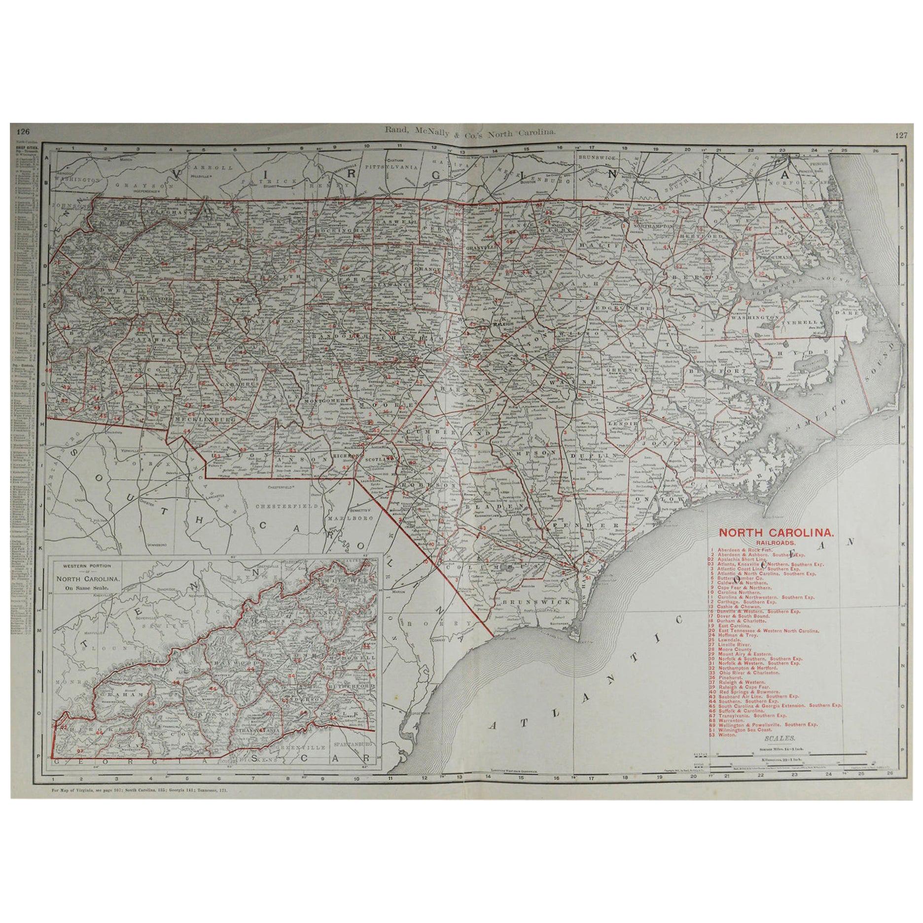 Large Original Antique Map of North Carolina by Rand McNally, circa 1900
