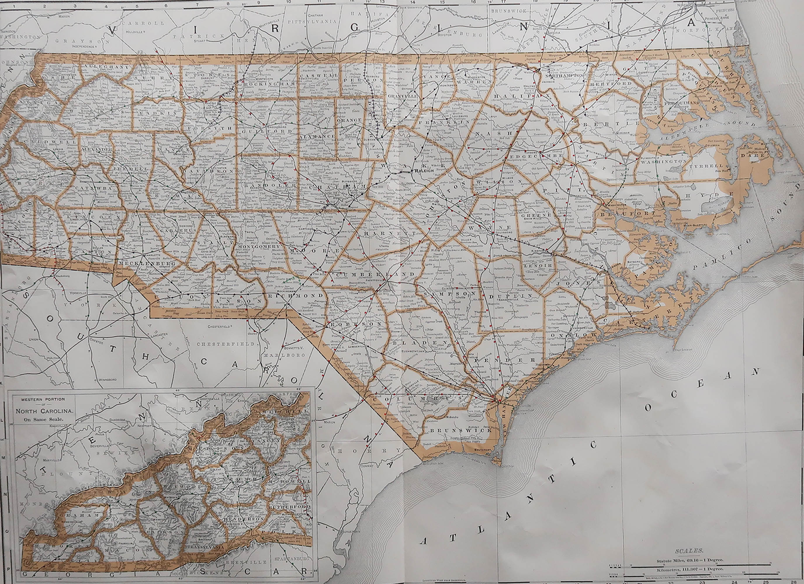Grande mappa originale antica della Carolina del Nord, USA, 1894 in vendita