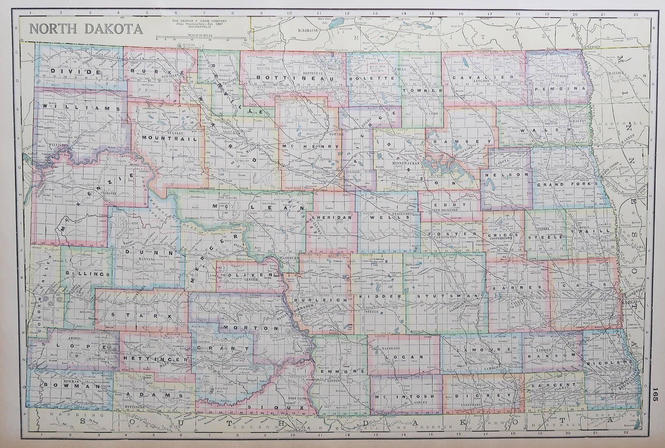 Fabulous map of North Dakota

Original color

Engraved and printed by the George F. Cram Company, Indianapolis.

Published, circa 1900

Unframed

Free shipping.