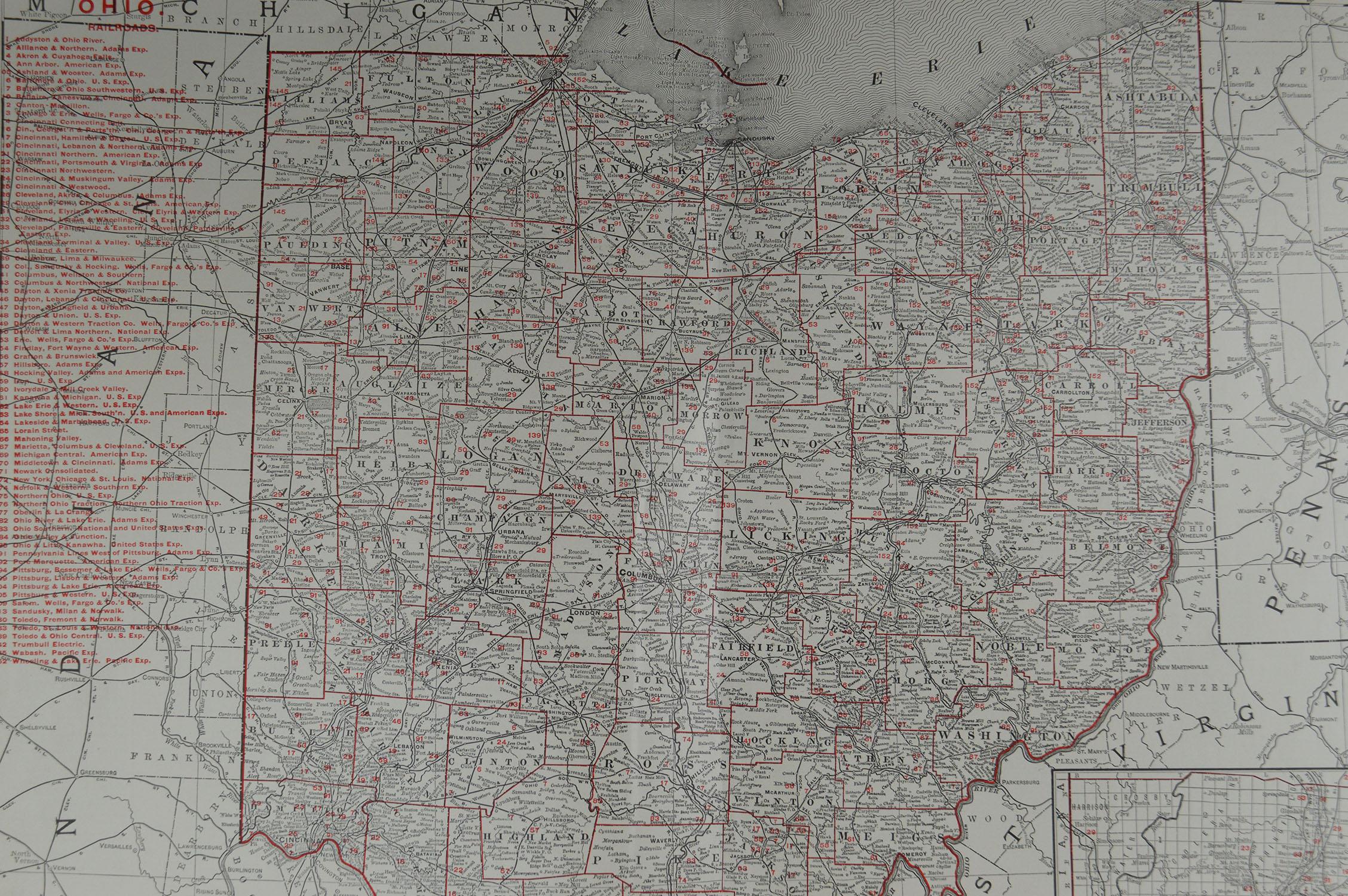 Edwardian Large Original Antique Map of Ohio by Rand McNally, circa 1900