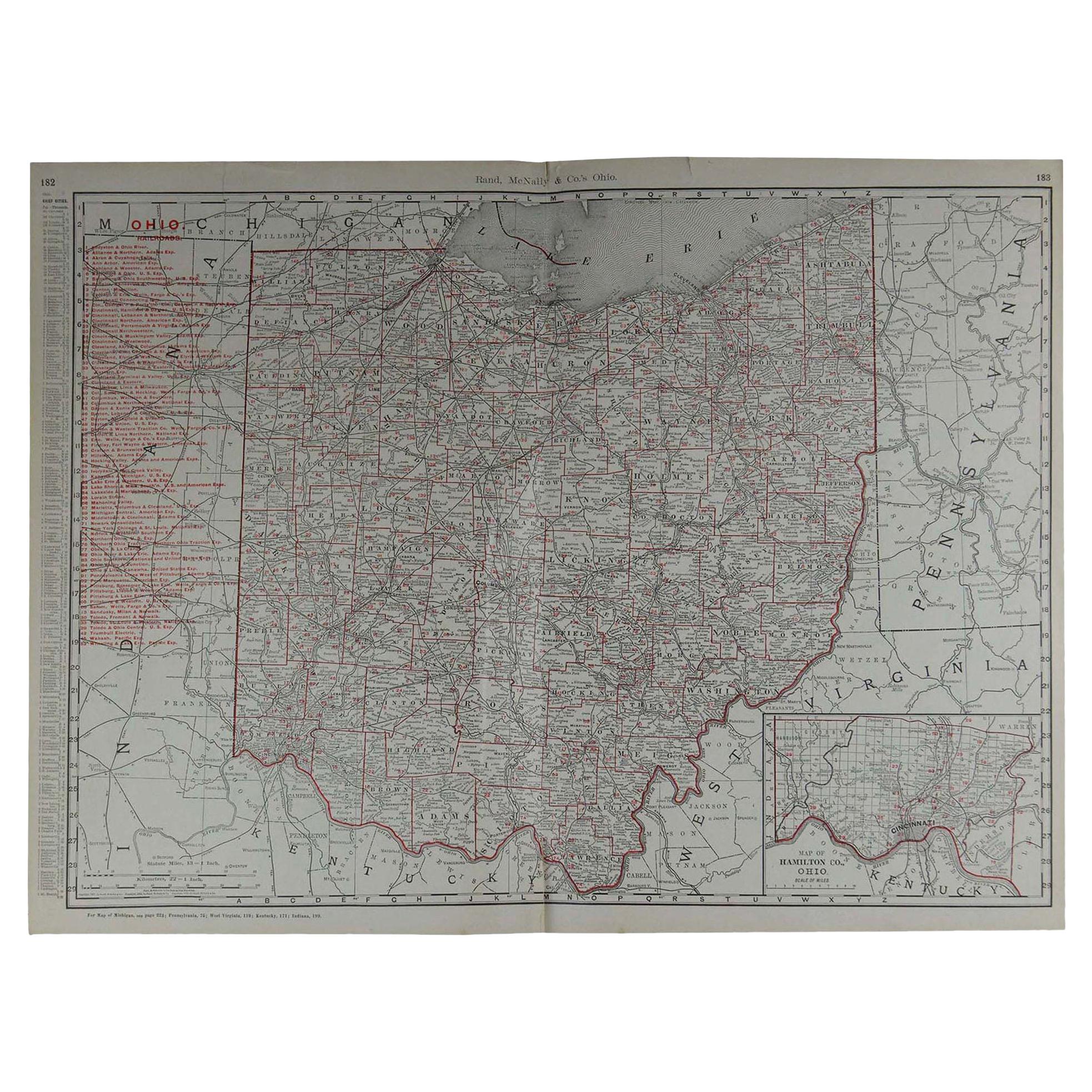 Large Original Antique Map of Ohio by Rand McNally, circa 1900