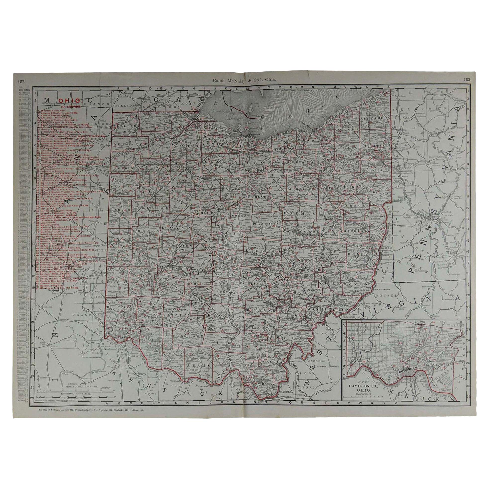 Große Original-Antiquitätenkarte von Ohio von Rand McNally, um 1900