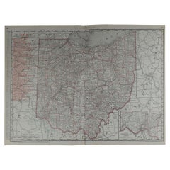Grande carte ancienne originale de l'Ohio par Rand McNally, datant d'environ 1900