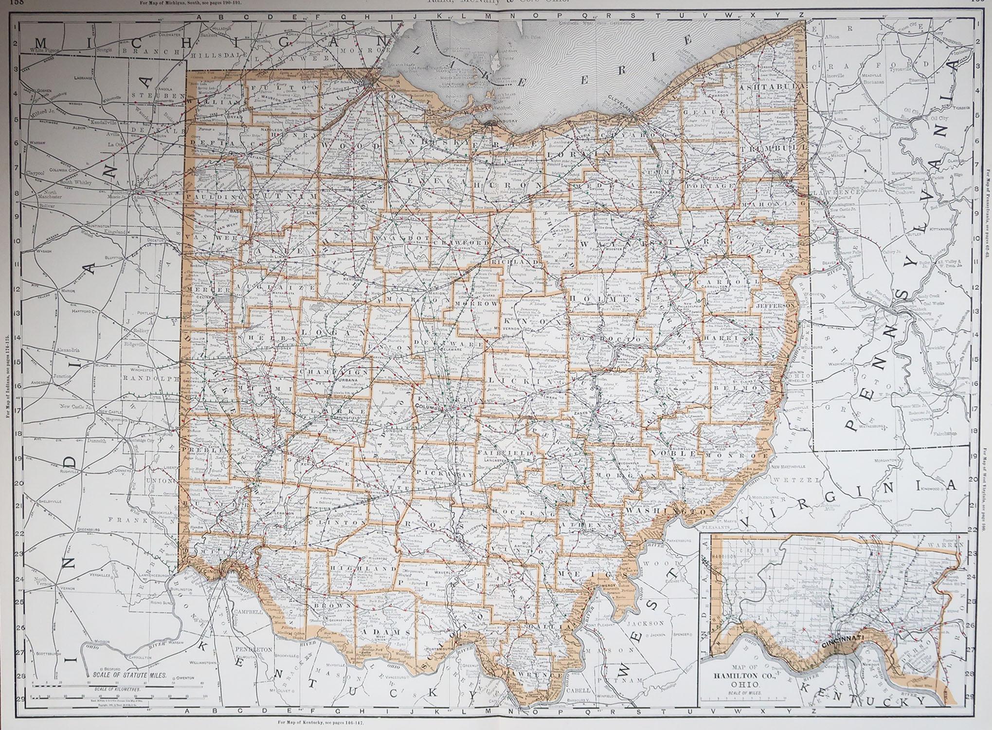 Fabulous map of Ohio.

Original color.

By Rand, McNally & Co.

Published, 1894.

Unframed.

Free shipping.