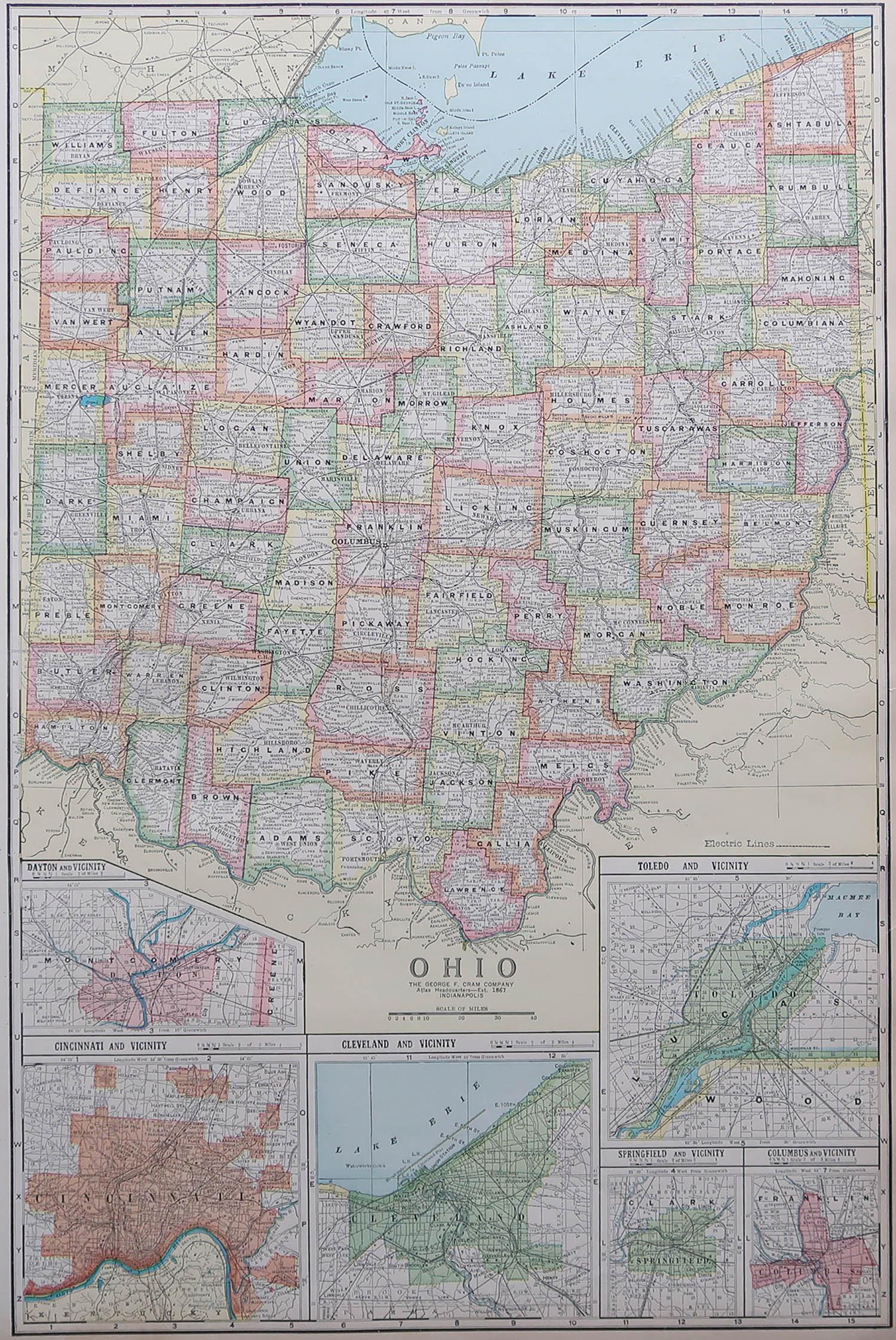 Fabulous map of Ohio

Original color.

Engraved and printed by the George F. Cram Company, Indianapolis.

Published, C.1900.

Unframed.

Free shipping.