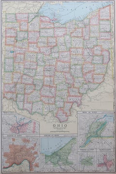Large Original Antique Map of Ohio, Usa, C.1900