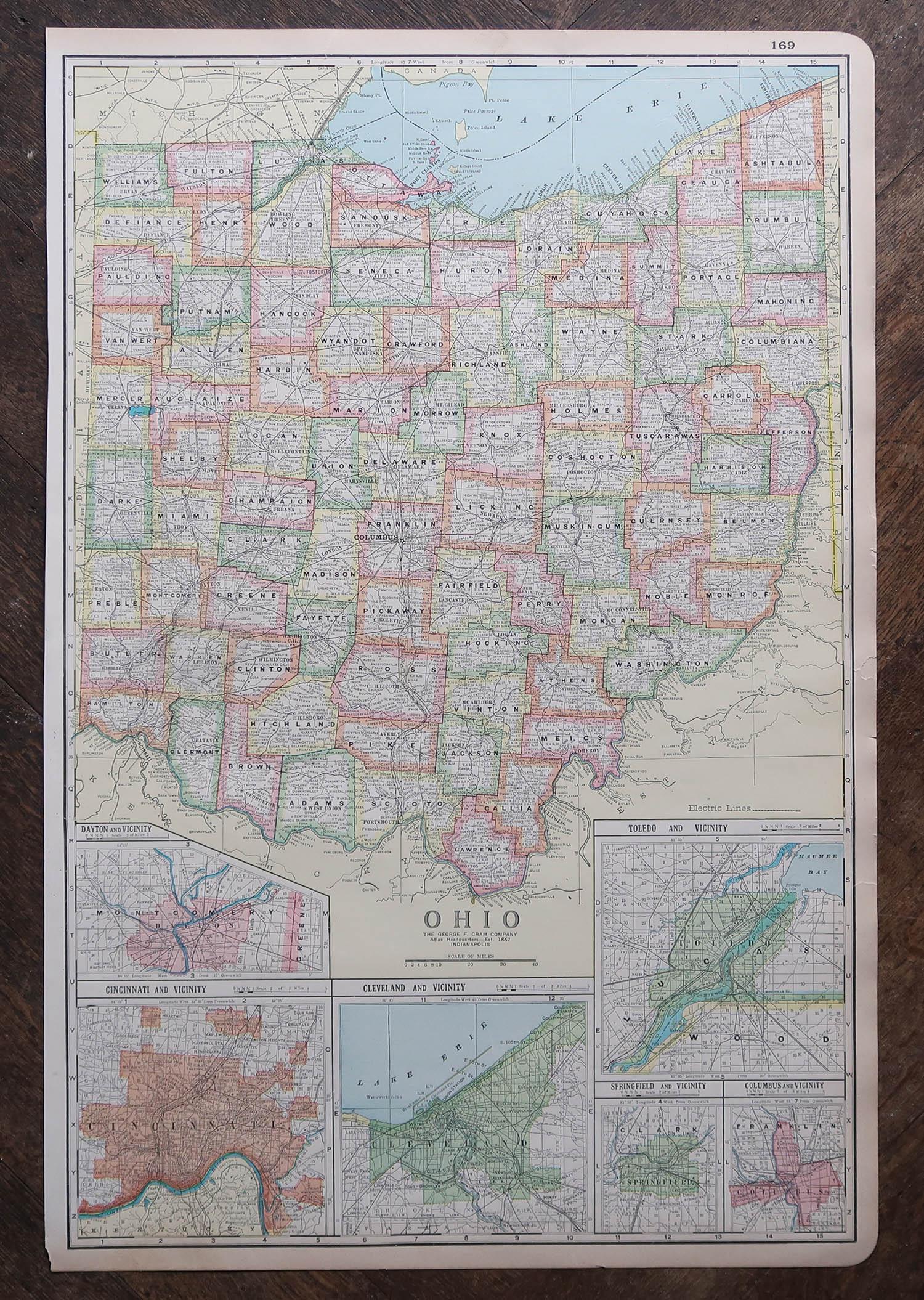 American Large Original Antique Map of Ohio, Usa, C.1900 For Sale