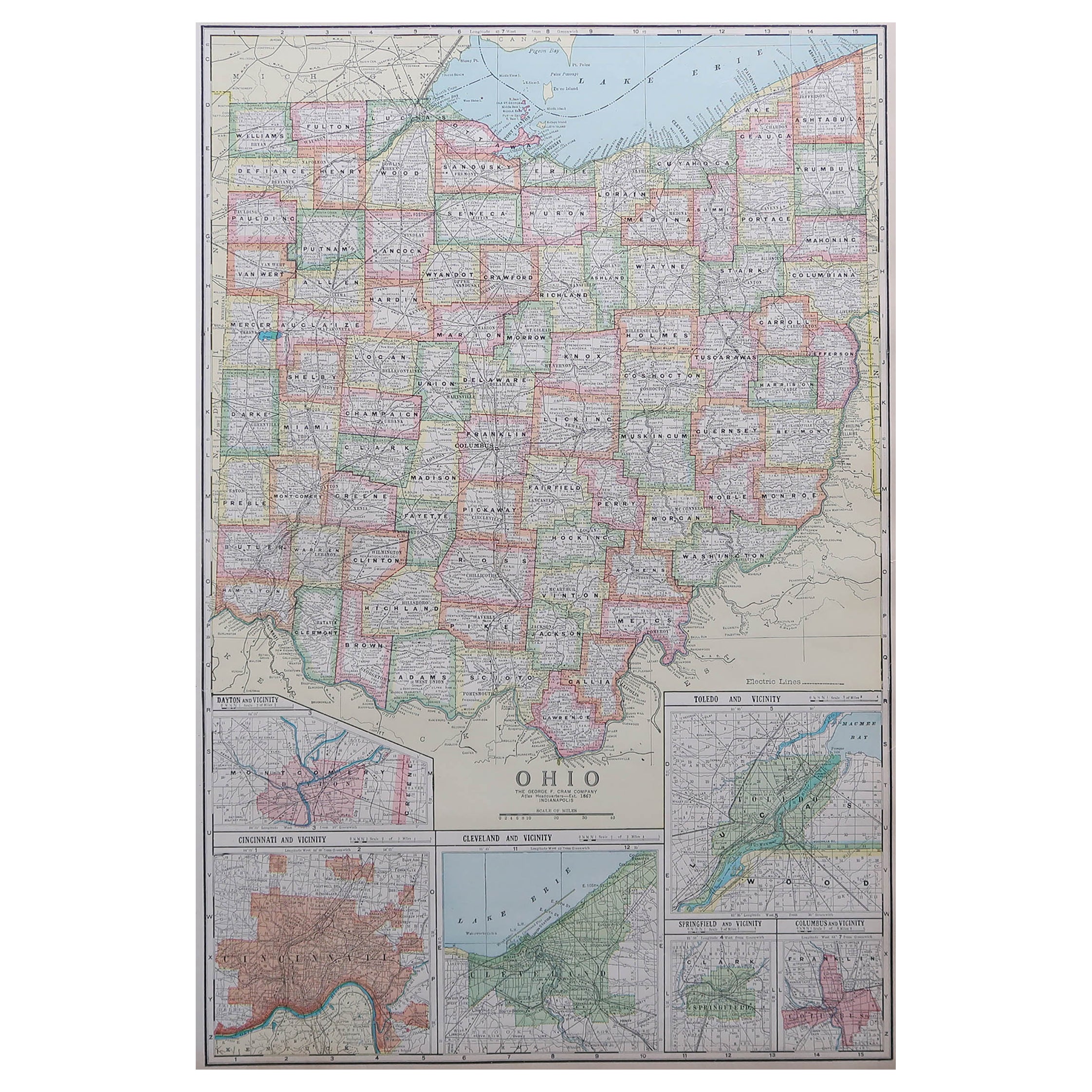 Grande mappa antica originale dell'Ohio, Stati Uniti, C.C.