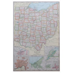 Grande carte ancienne originale de l'Ohio, États-Unis, vers 1900