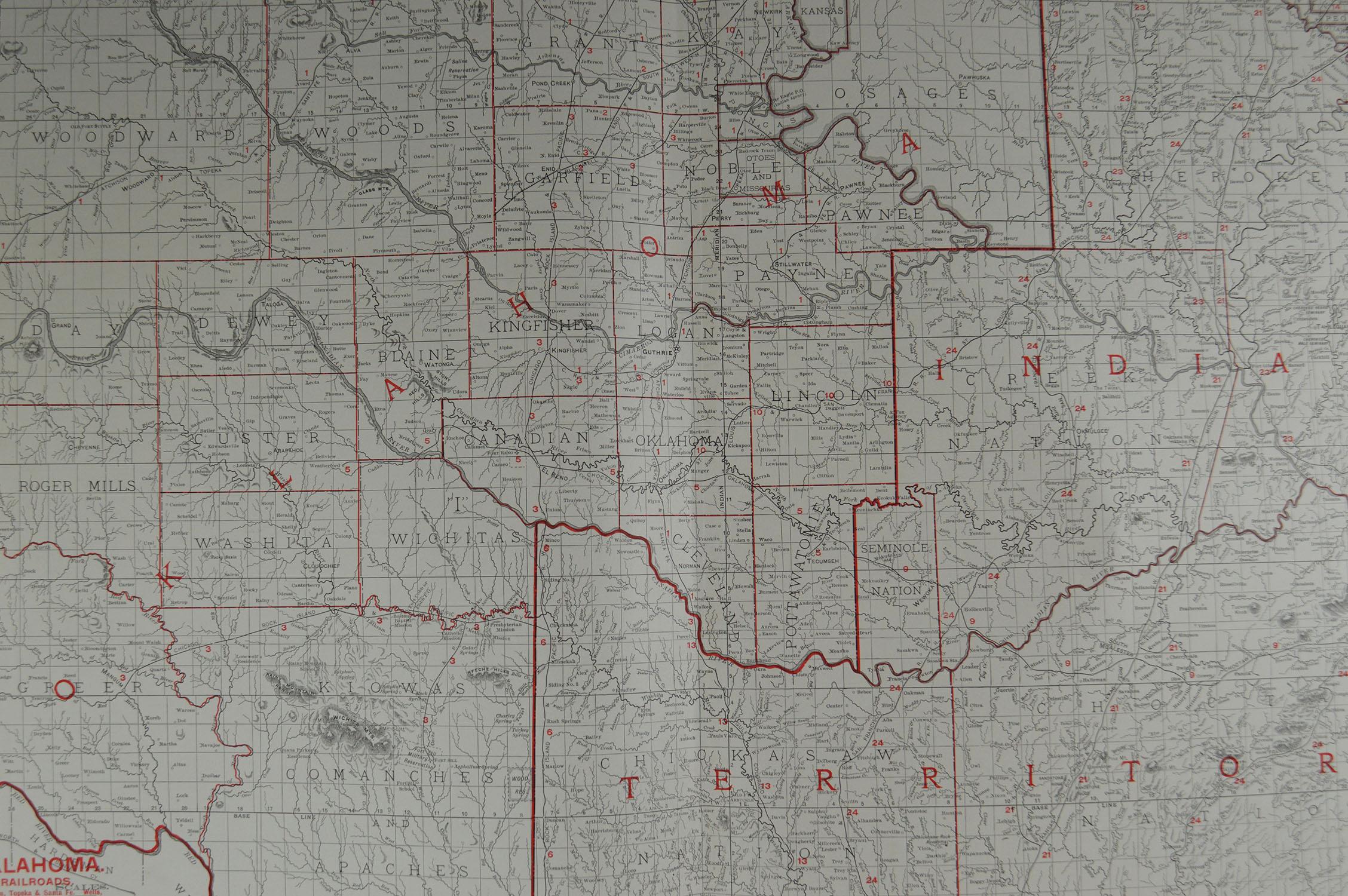 American Large Original Antique Map of Oklahoma by Rand McNally, circa 1900