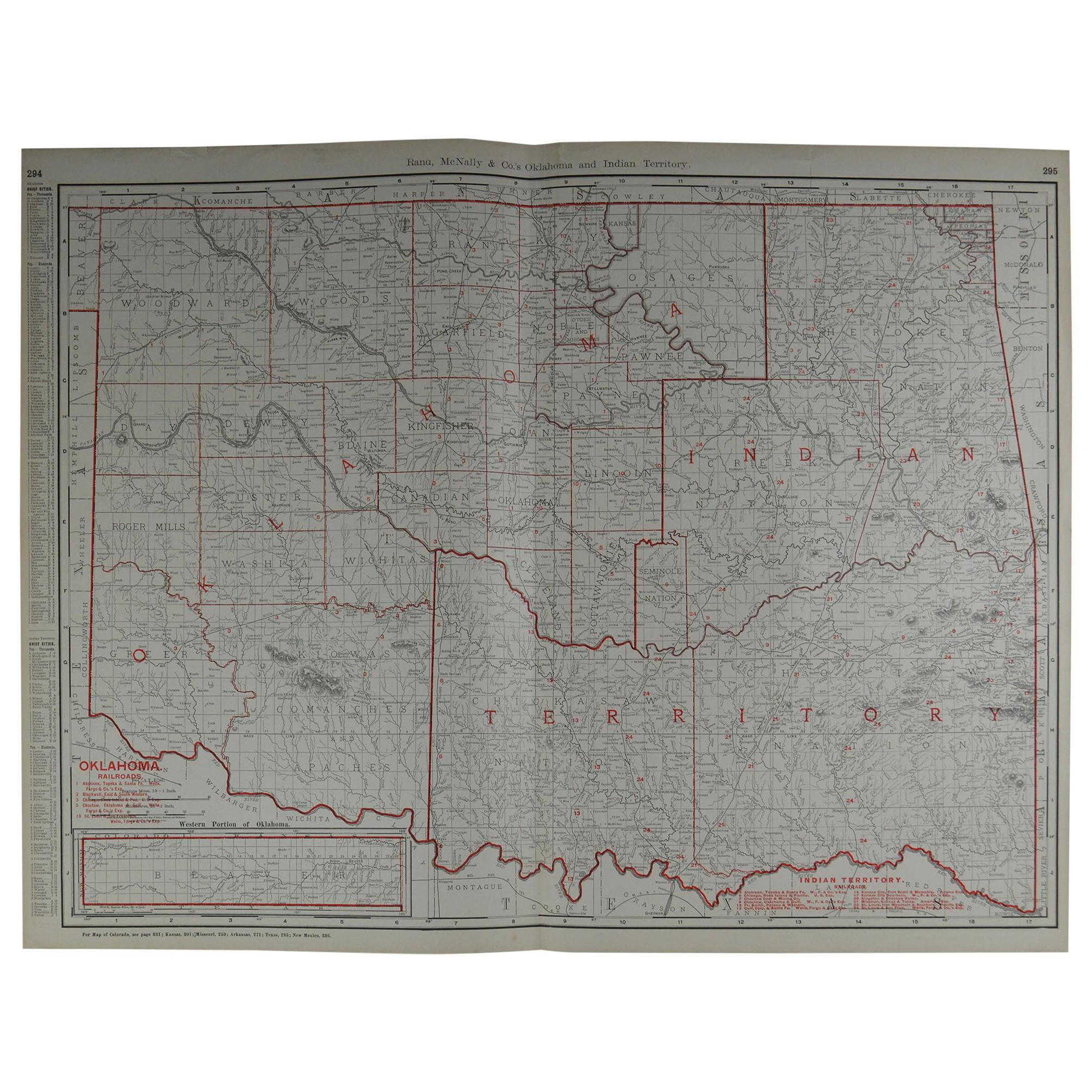 Large Original Antique Map of Oklahoma by Rand McNally, circa 1900