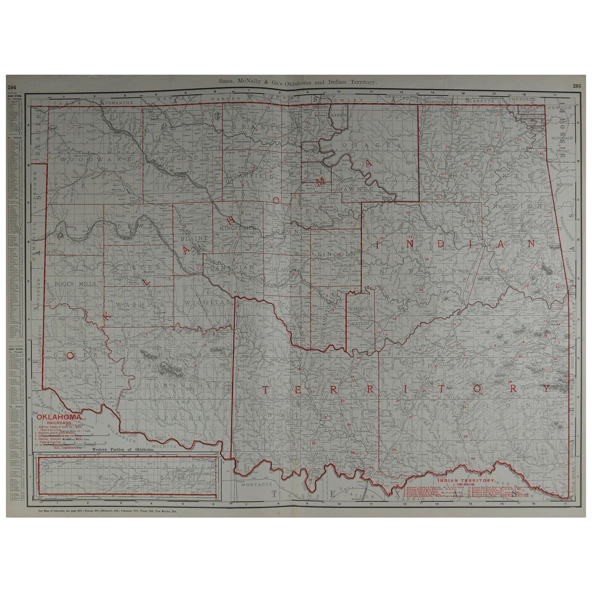 Large Original Antique Map of Oklahoma by Rand McNally, circa 1900