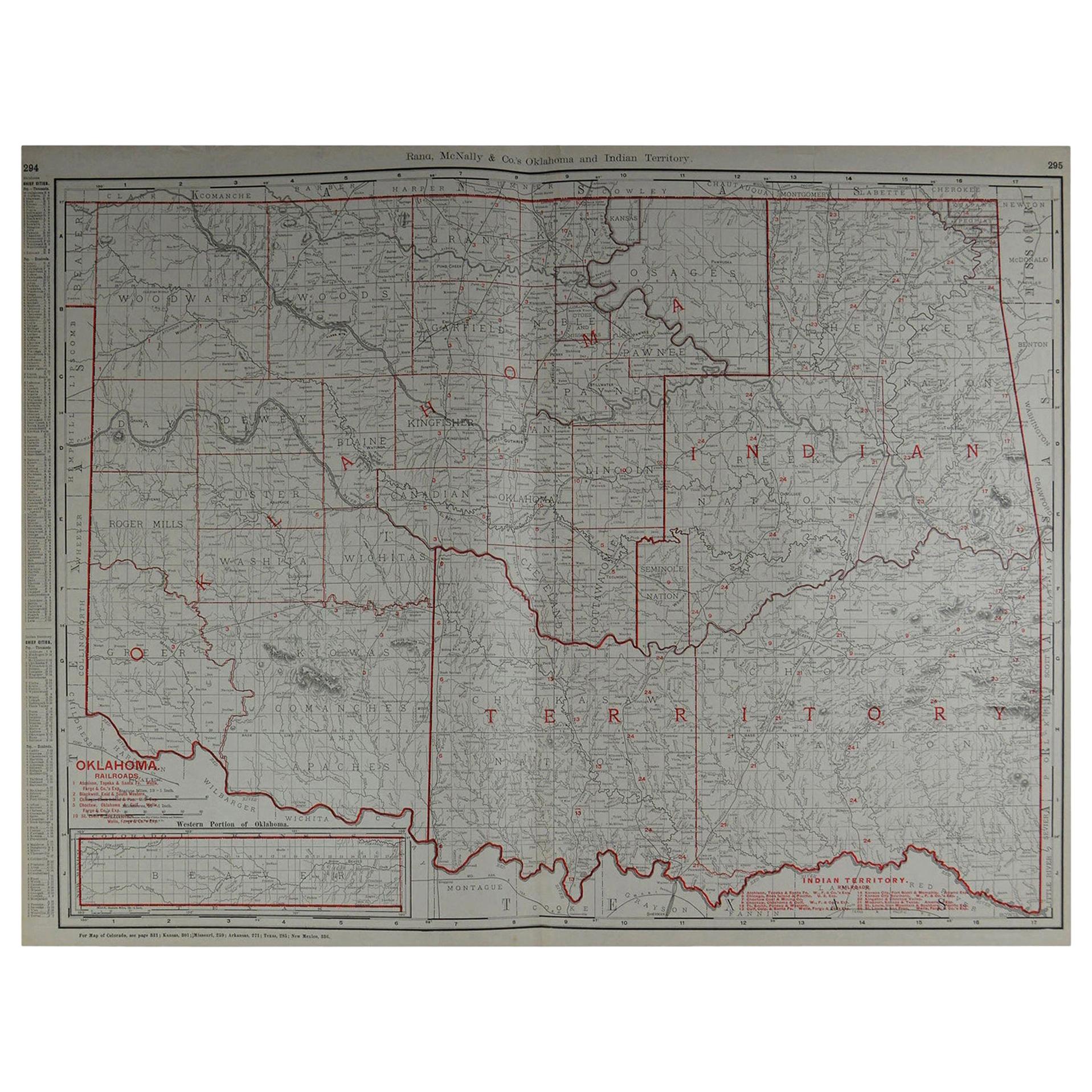 Large Original Antique Map of Oklahoma by Rand McNally, circa 1900