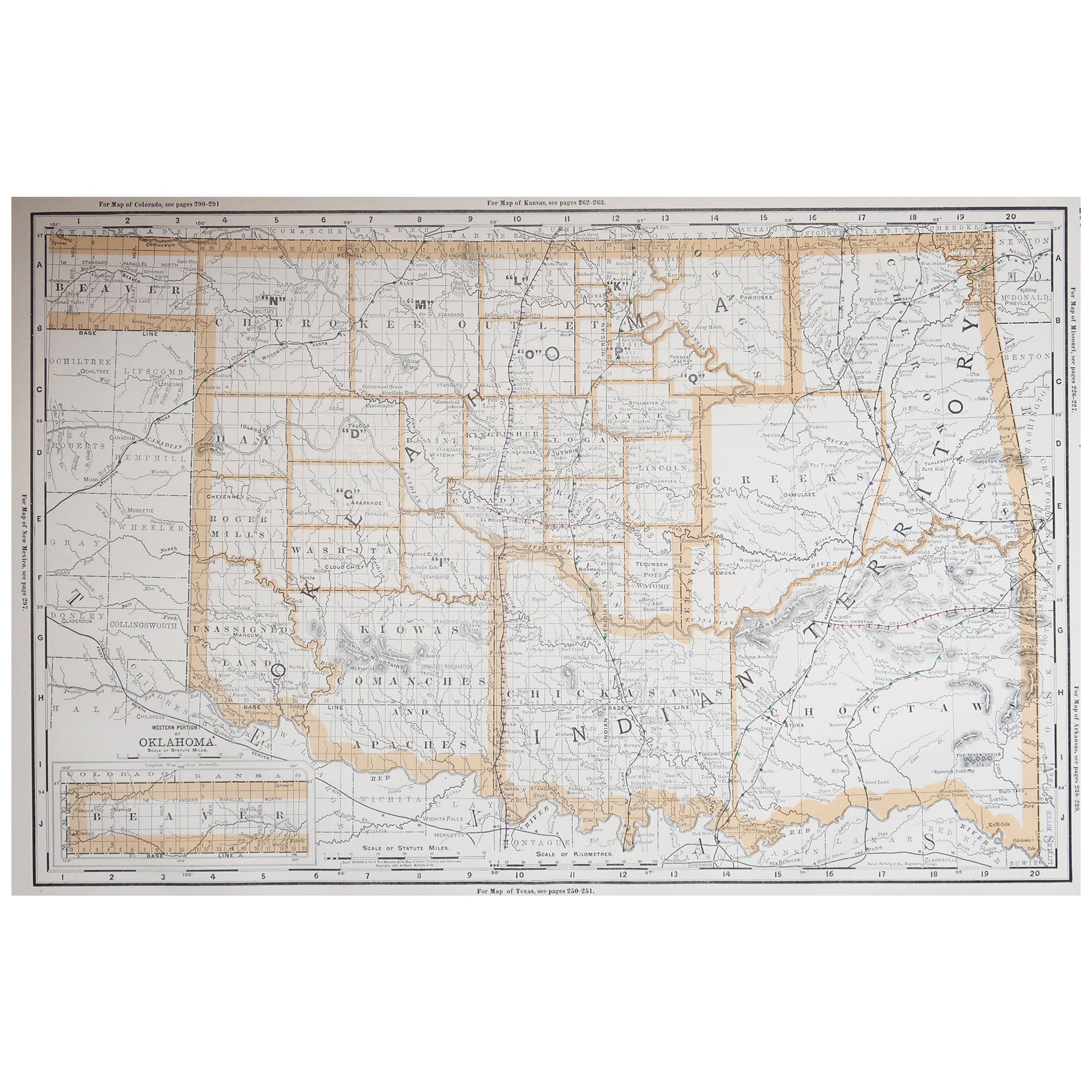 Large Original Antique Map of Oklahoma, USA, 1894