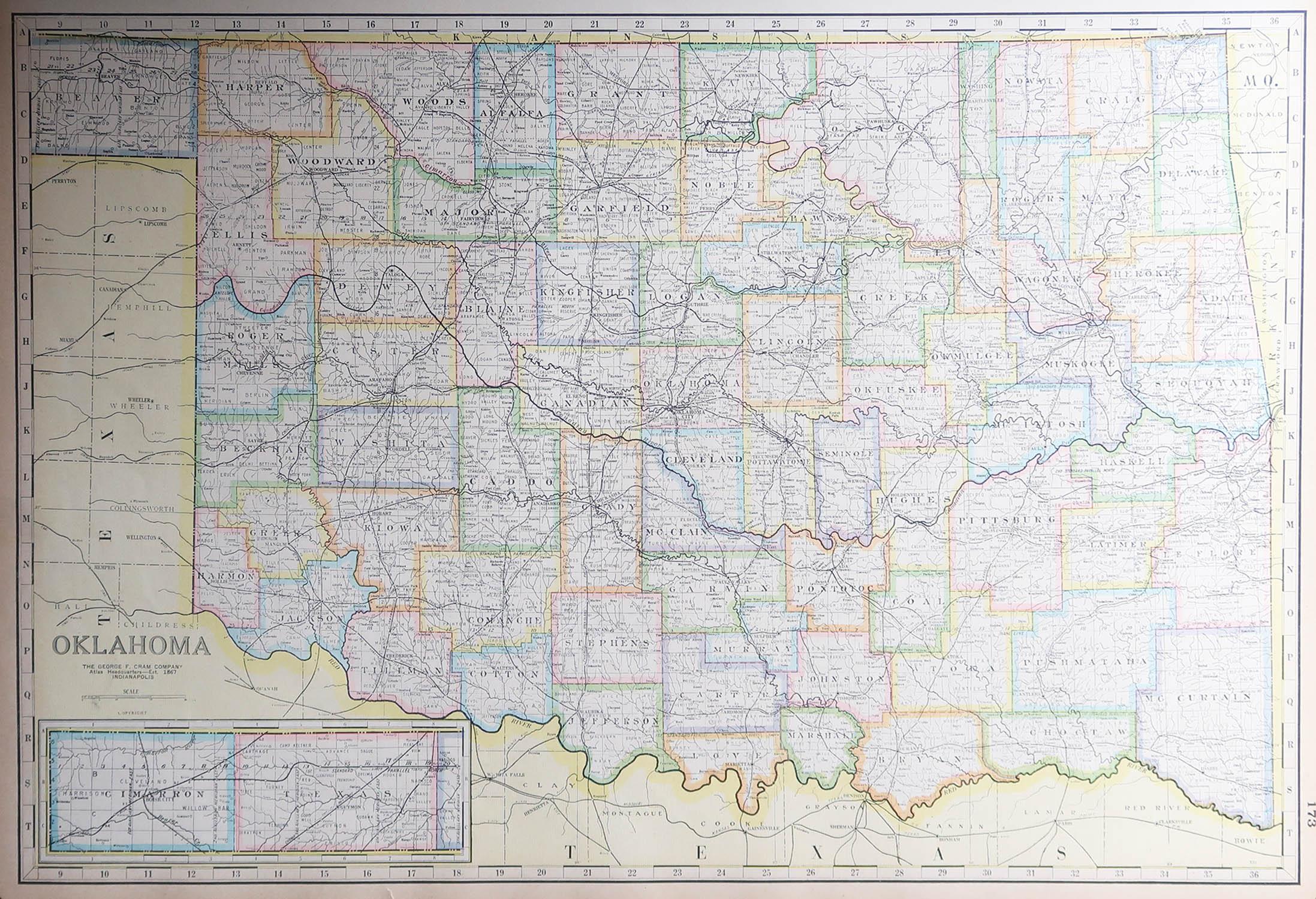 Fabulous map of Oklahoma

Original color

Engraved and printed by the George F. Cram Company, Indianapolis.

Published, circa 1900

Unframed

Repair to a minor edge tear top left corner

Free shipping.