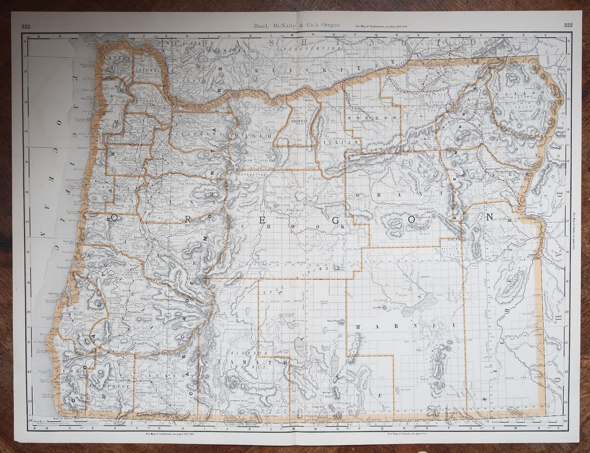 Américain Grande carte ancienne originale de l'Oregon, États-Unis, 1894 en vente