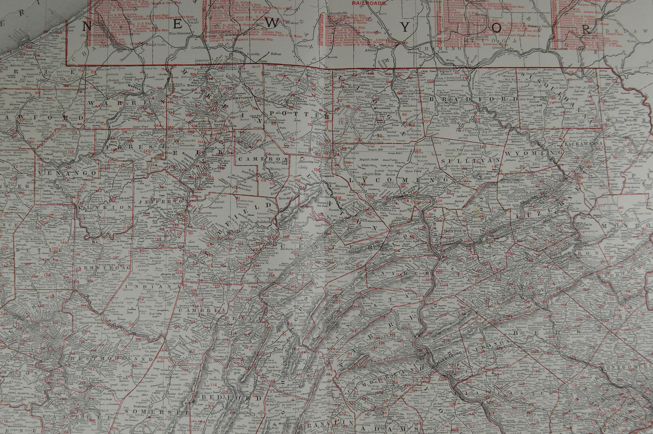 Edwardian Large Original Antique Map of Pennsylvania by Rand McNally, circa 1900
