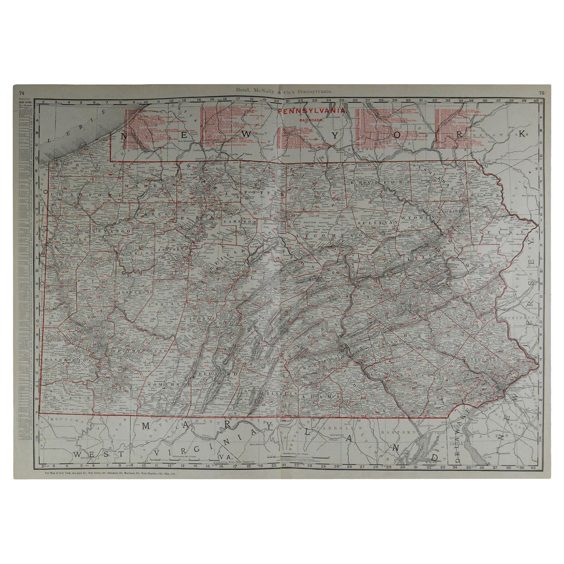 Large Original Antique Map of Pennsylvania by Rand McNally, circa 1900