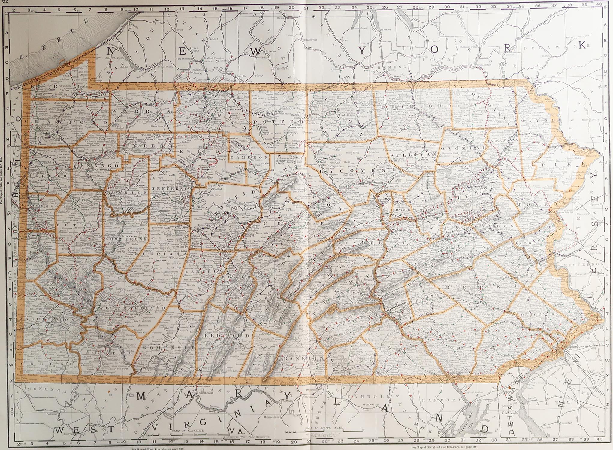 Fabulous map of Pennsylvania

Original color.

By Rand, McNally & Co.

Published, 1894.

Unframed.

Free shipping.