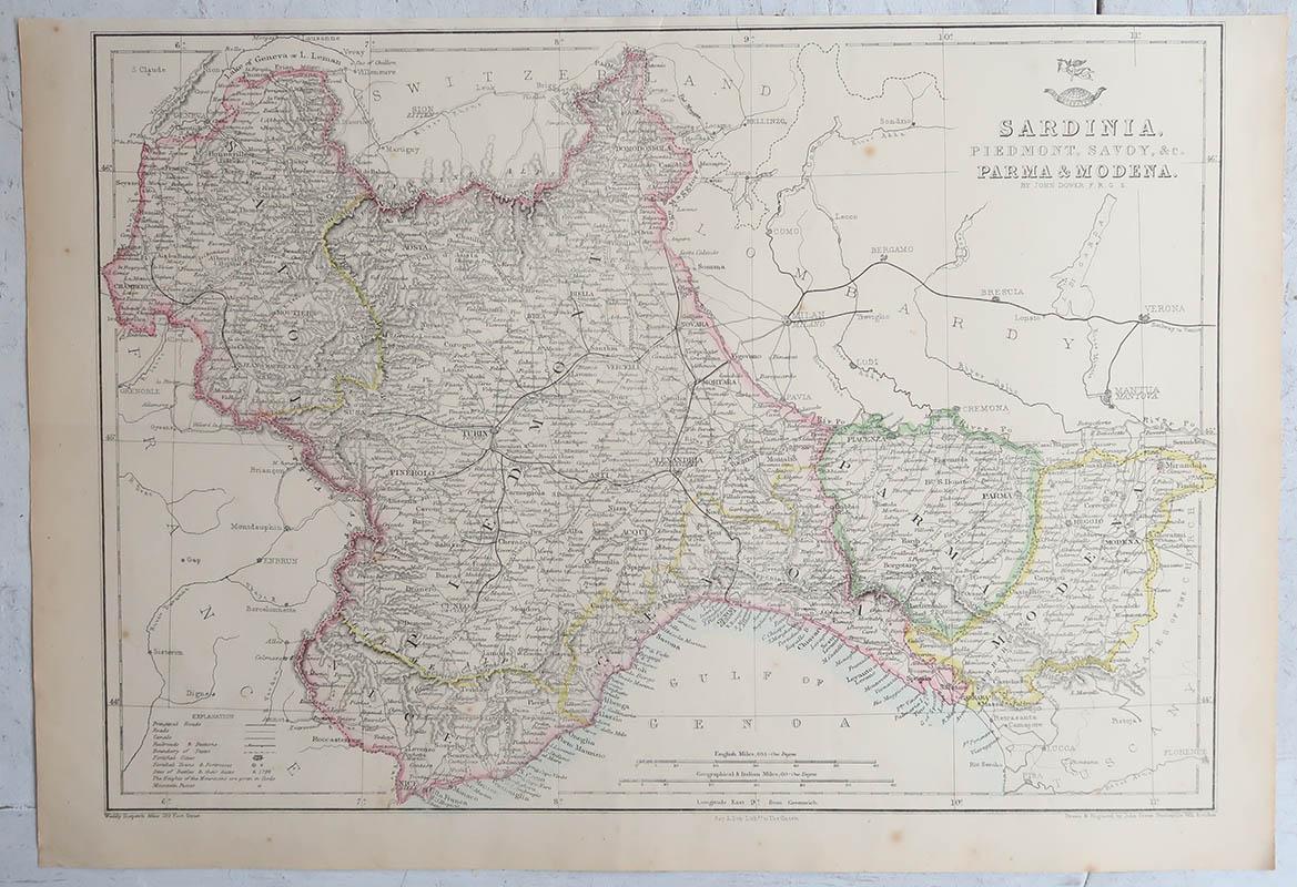 Victorian Large Original Antique Map of Piedmont, Italy. John Dower, 1861