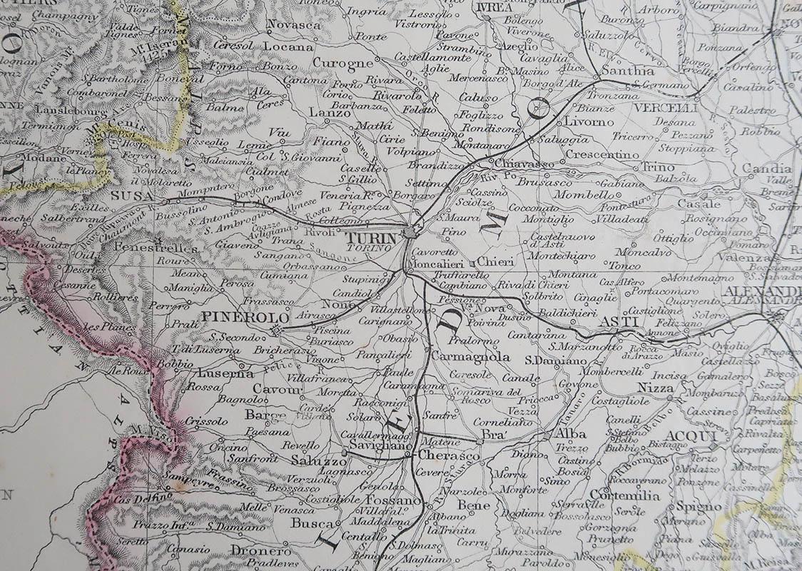 English Large Original Antique Map of Piedmont, Italy. John Dower, 1861