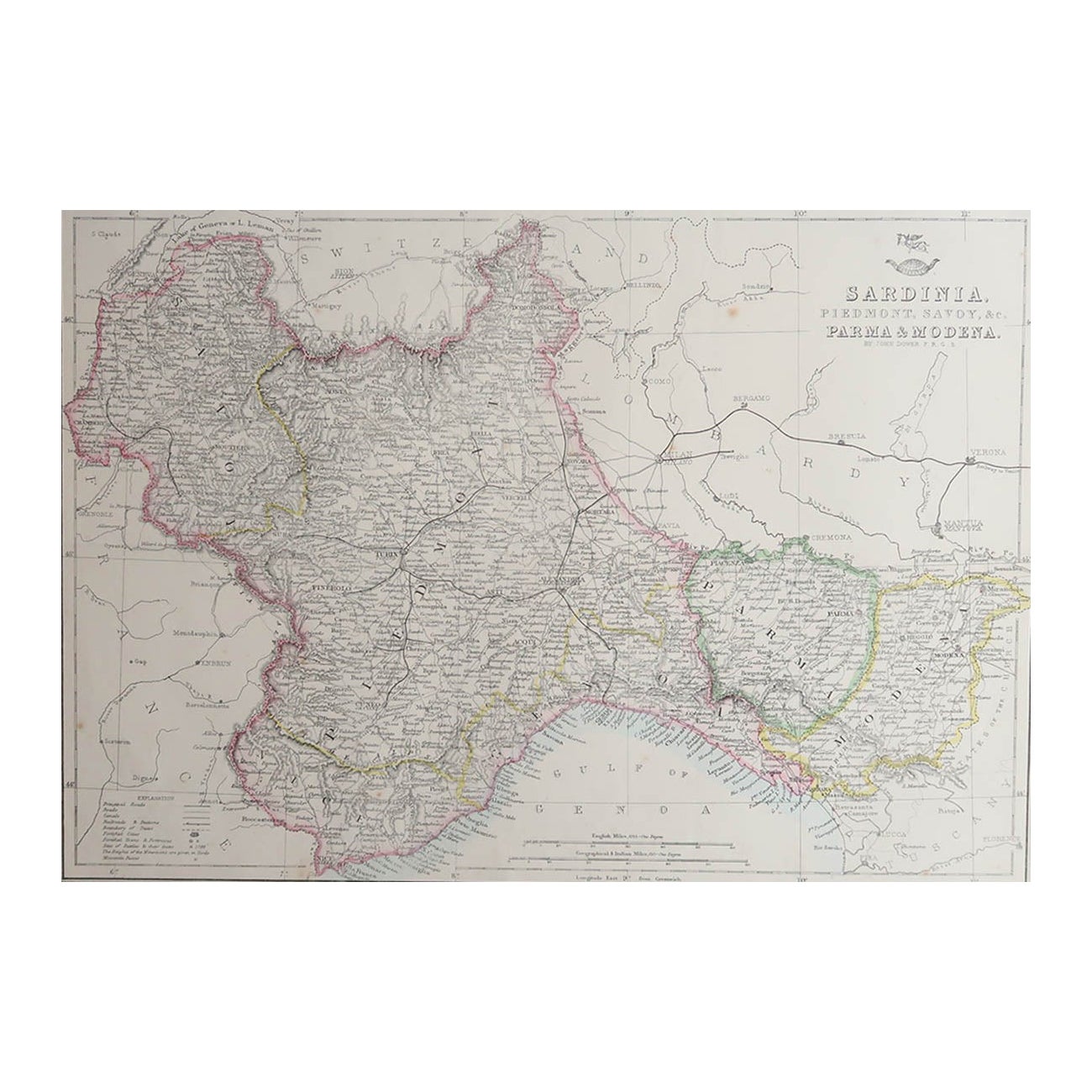 Large Original Antique Map of Piedmont, Italy. John Dower, 1861