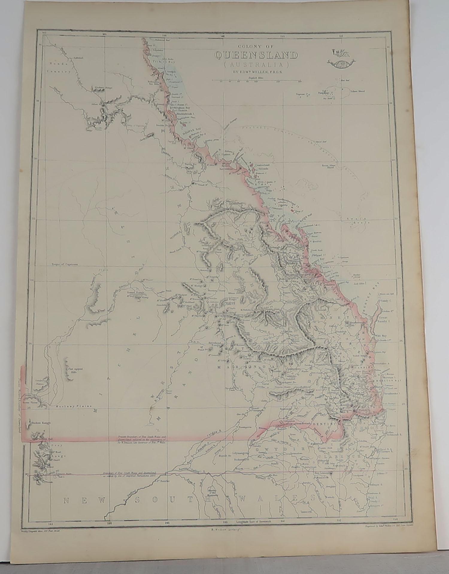 Great map of Queensland

Drawn and engraved by Edward Weller

Original color outline

Published in The Weekly Dispatch Atlas, 1861

Good condition

Unframed.








 