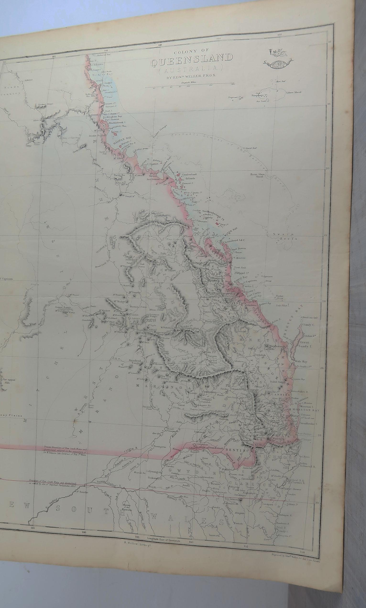 Victorian Large Original Antique Map of Queensland, Australia, 1861