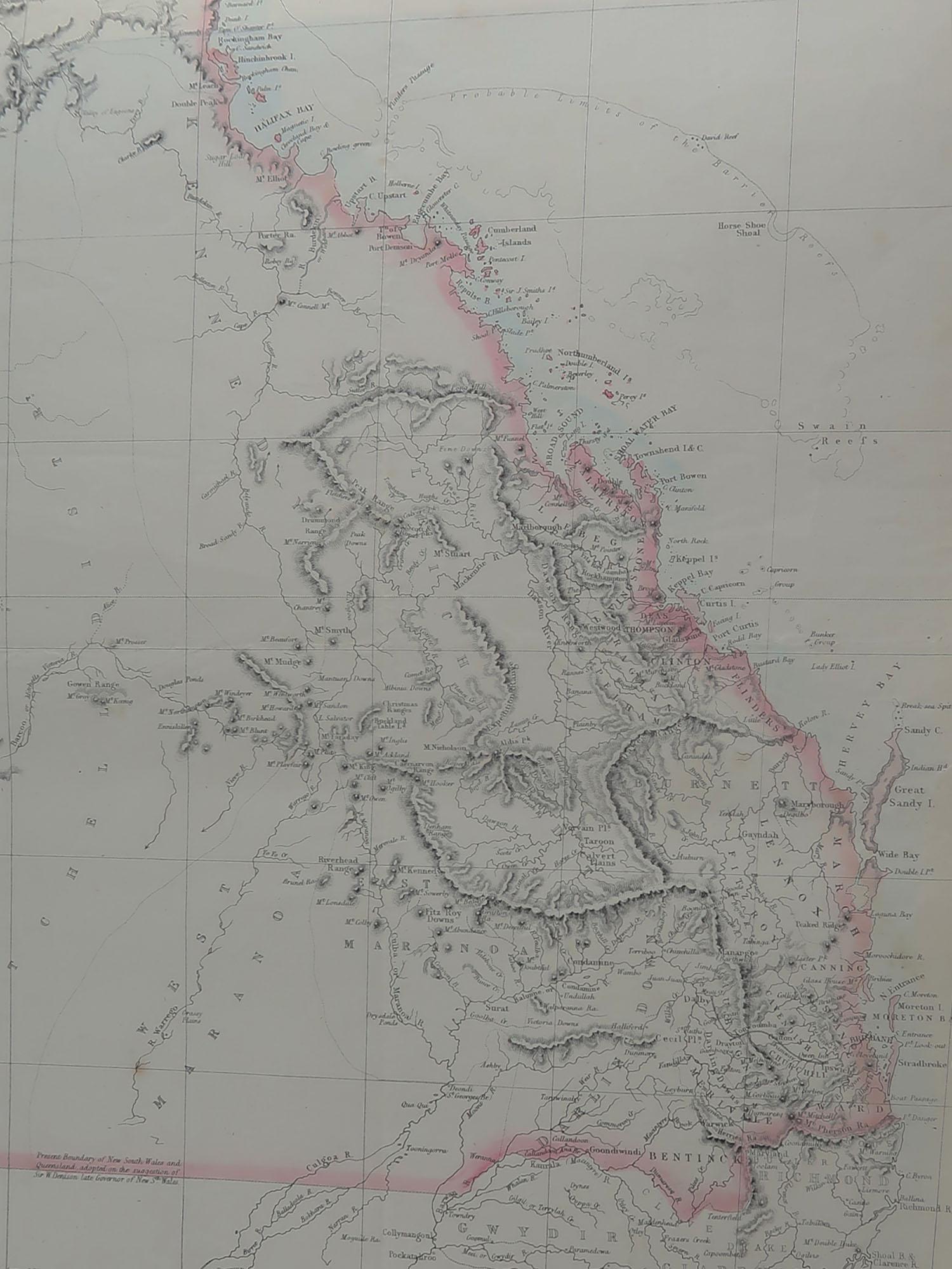 English Large Original Antique Map of Queensland, Australia, 1861