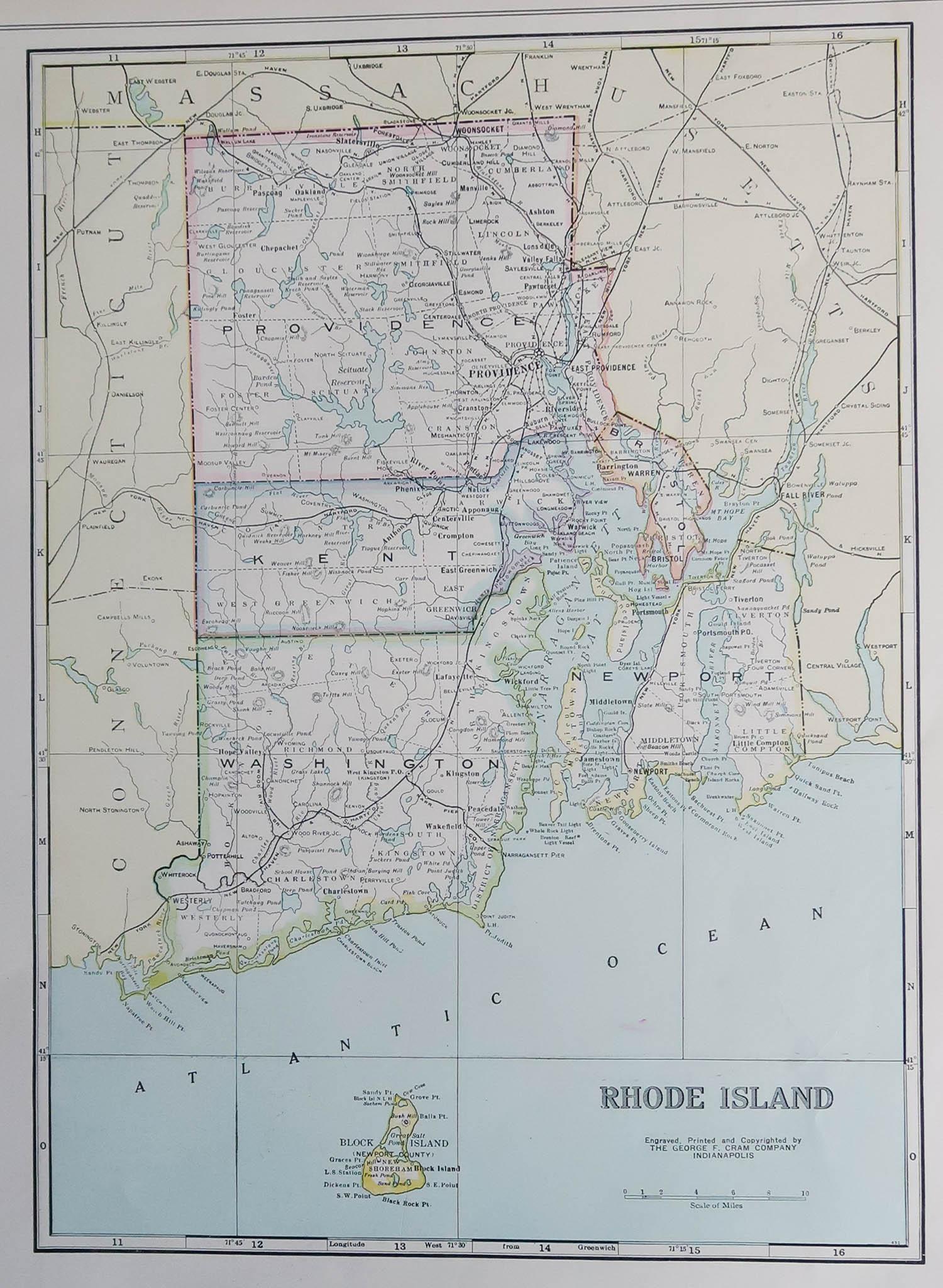 Fabulous map of Rhode Island

Original color

Engraved and printed by the George F. Cram Company, Indianapolis.

Published, C.1900

Unframed

Free shipping.