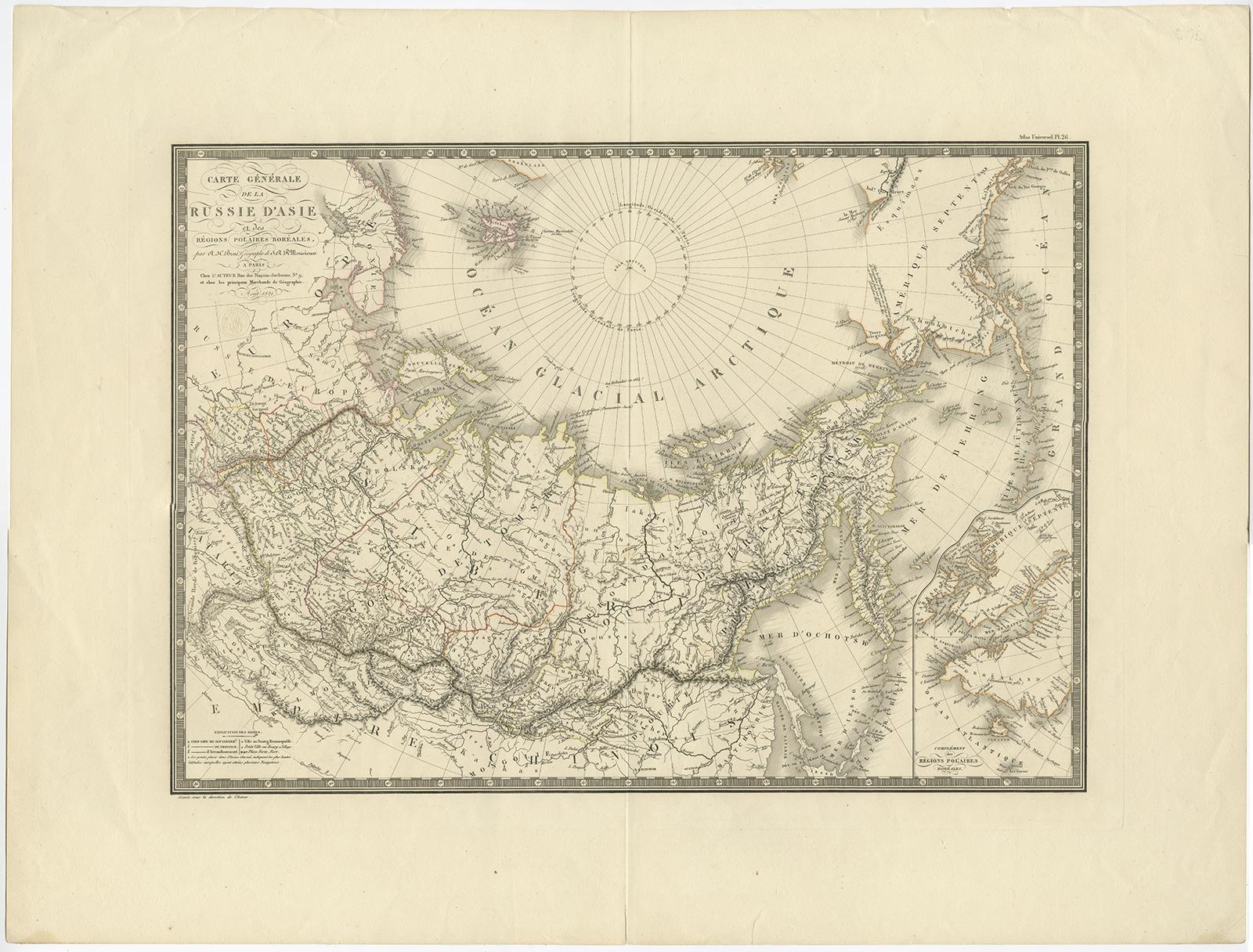 Antique map titled 'Carte Générale de la Russie d'Asie et des régions polaires boréales'. 

Large map of Russia and the Arctic Ocean. From the Pole, the map extends through all of northern Asia and Russia, including European and eastern Russia, and
