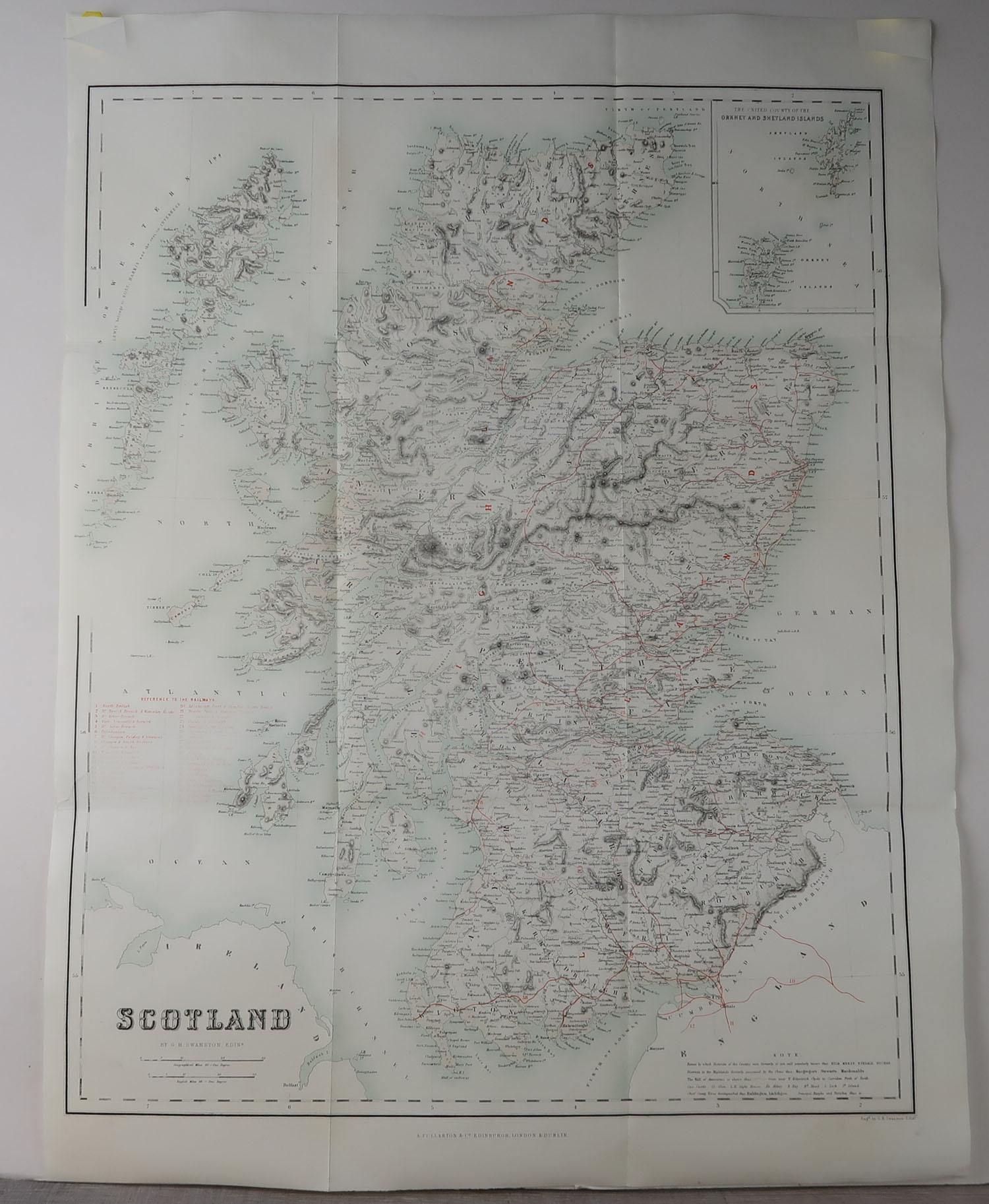 Great map of Scotland

Original color

Engraved by Swanston, Edinburgh

Published by Fullarton, Edinburgh, circa 1870.

Unframed.

A couple repairs to minor edge tears.


 