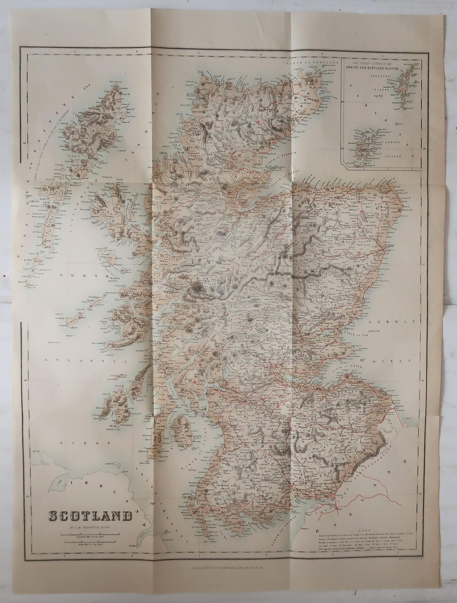 Great map of Scotland

Original color

Good condition

Engraved by Swanston, Edinburgh

Published by Fullarton, Edinburgh, circa 1870.

Unframed.




  