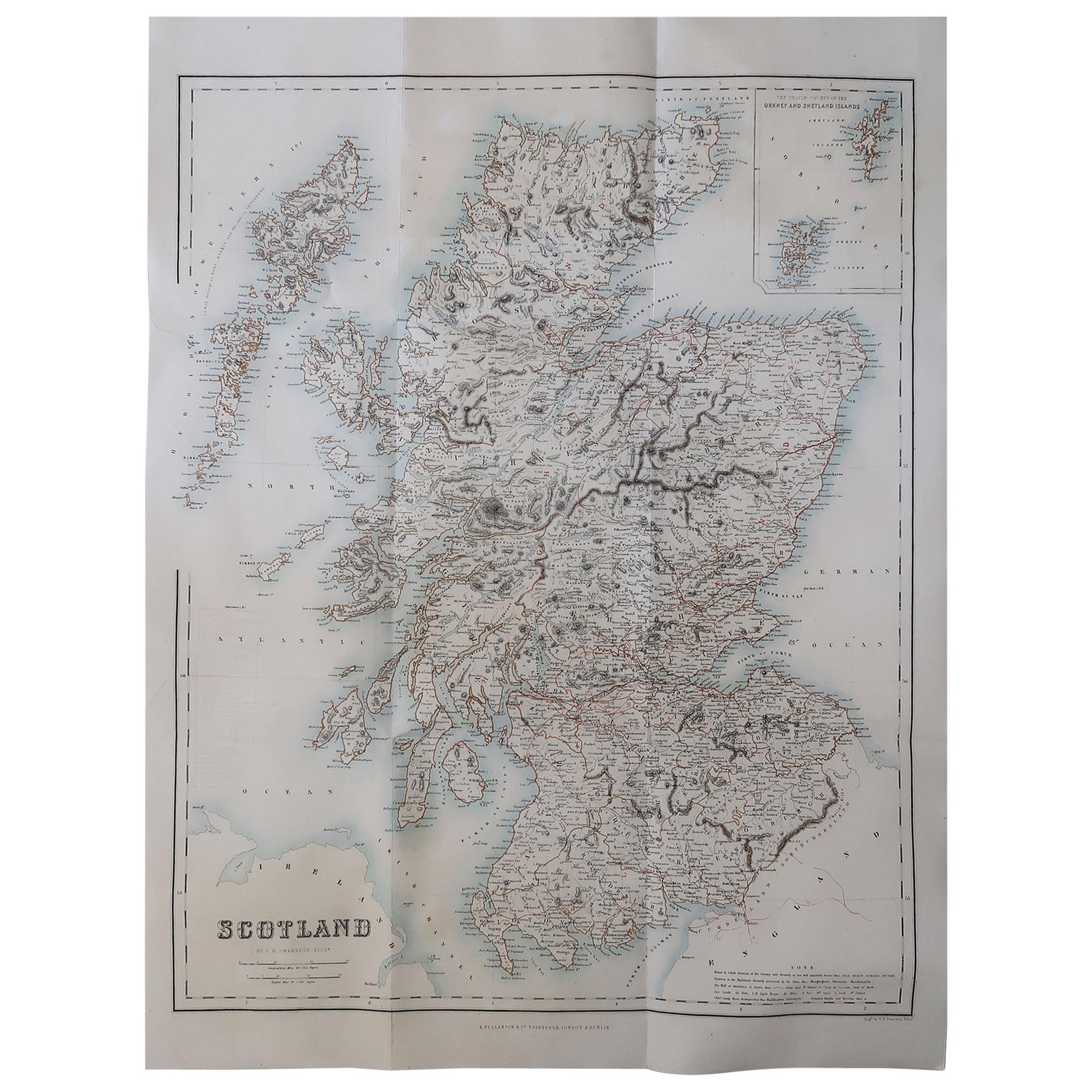 Large Original Antique Map of Scotland, circa 1870