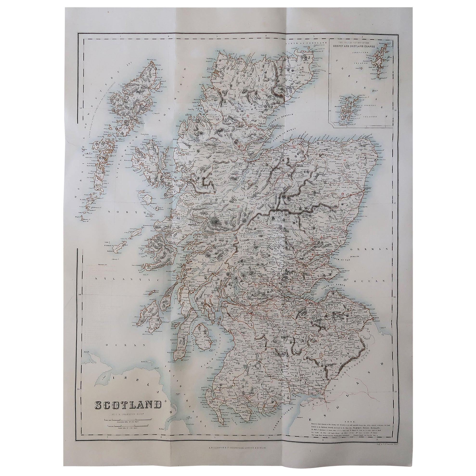Large Original Antique Map of Scotland, circa 1870