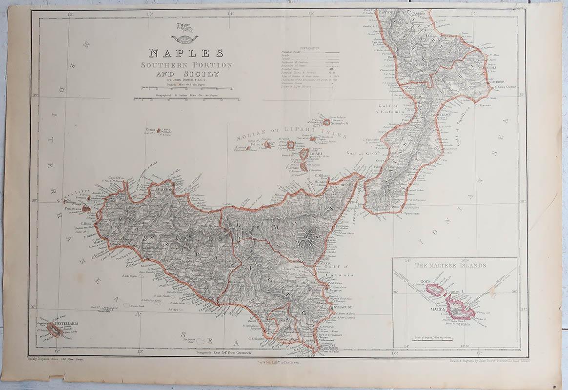 Great map of Sicily

Lithograph engraving by John Dower

Original colour

Published, 1861

Unframed

Good condition / repair to some minor damage top right corner shown in last image

Free shipping



 
 