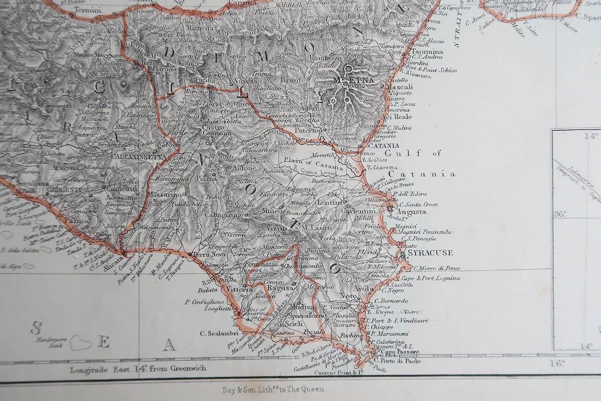 Victorian Large Original Antique Map of Sicily, Italy. John Dower, 1861