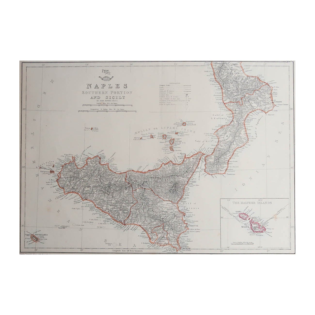 Large Original Antique Map of Sicily, Italy. John Dower, 1861