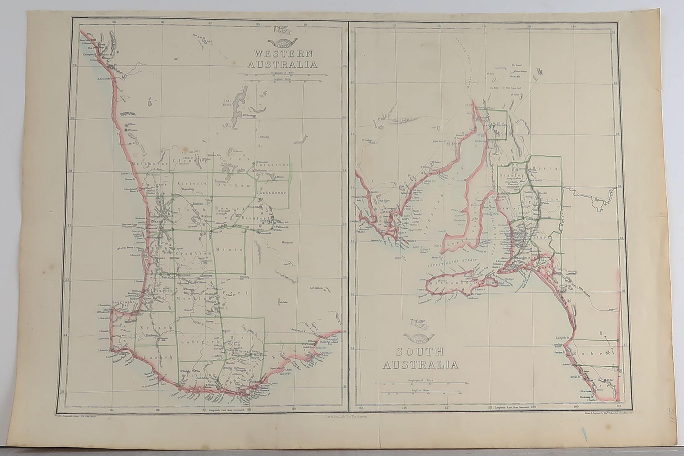 Great map of South and Western Australia

Drawn and engraved by Edward Weller

Original color outline

Published in The Weekly Dispatch Atlas, 1861

A couple of repairs to tiny edge tears

Unframed.







  
  
