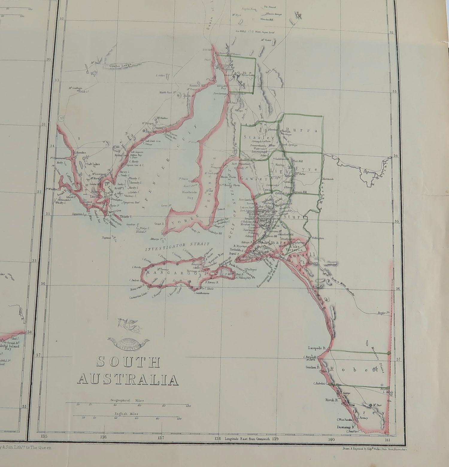 Victorian Large Original Antique Map of South and Western Australia, 1861