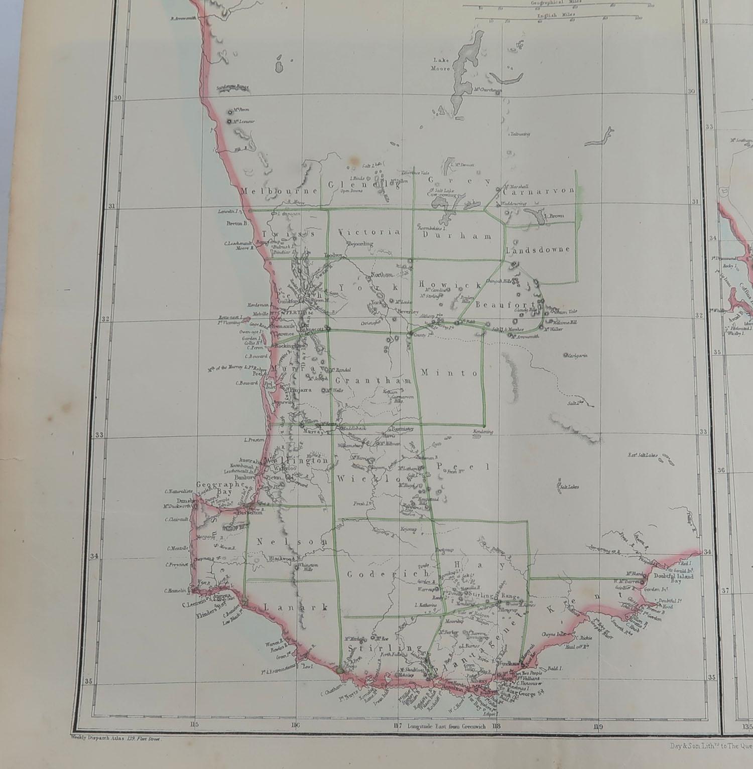 English Large Original Antique Map of South and Western Australia, 1861