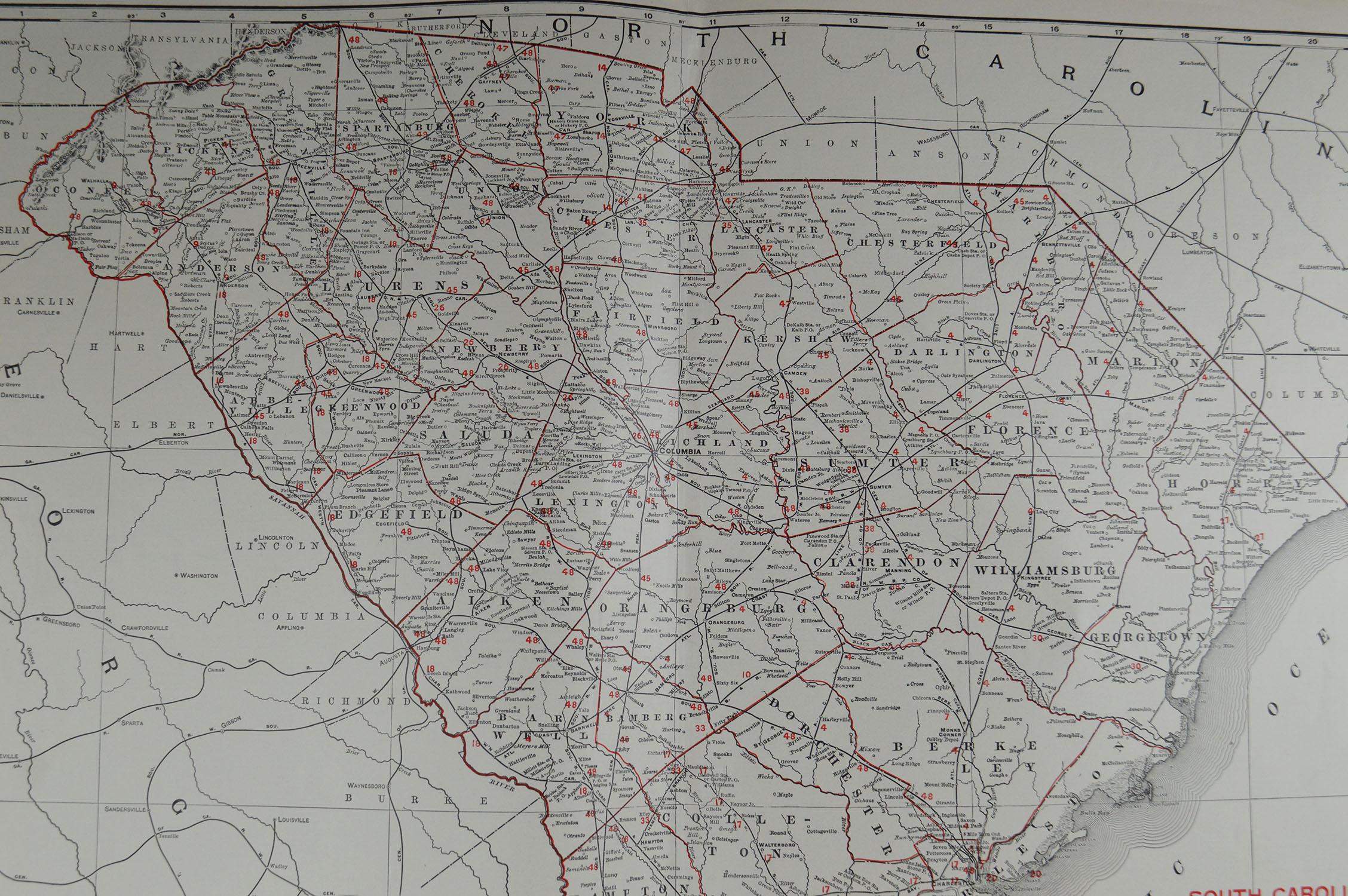 Edwardian Large Original Antique Map of South Carolina by Rand McNally, circa 1900