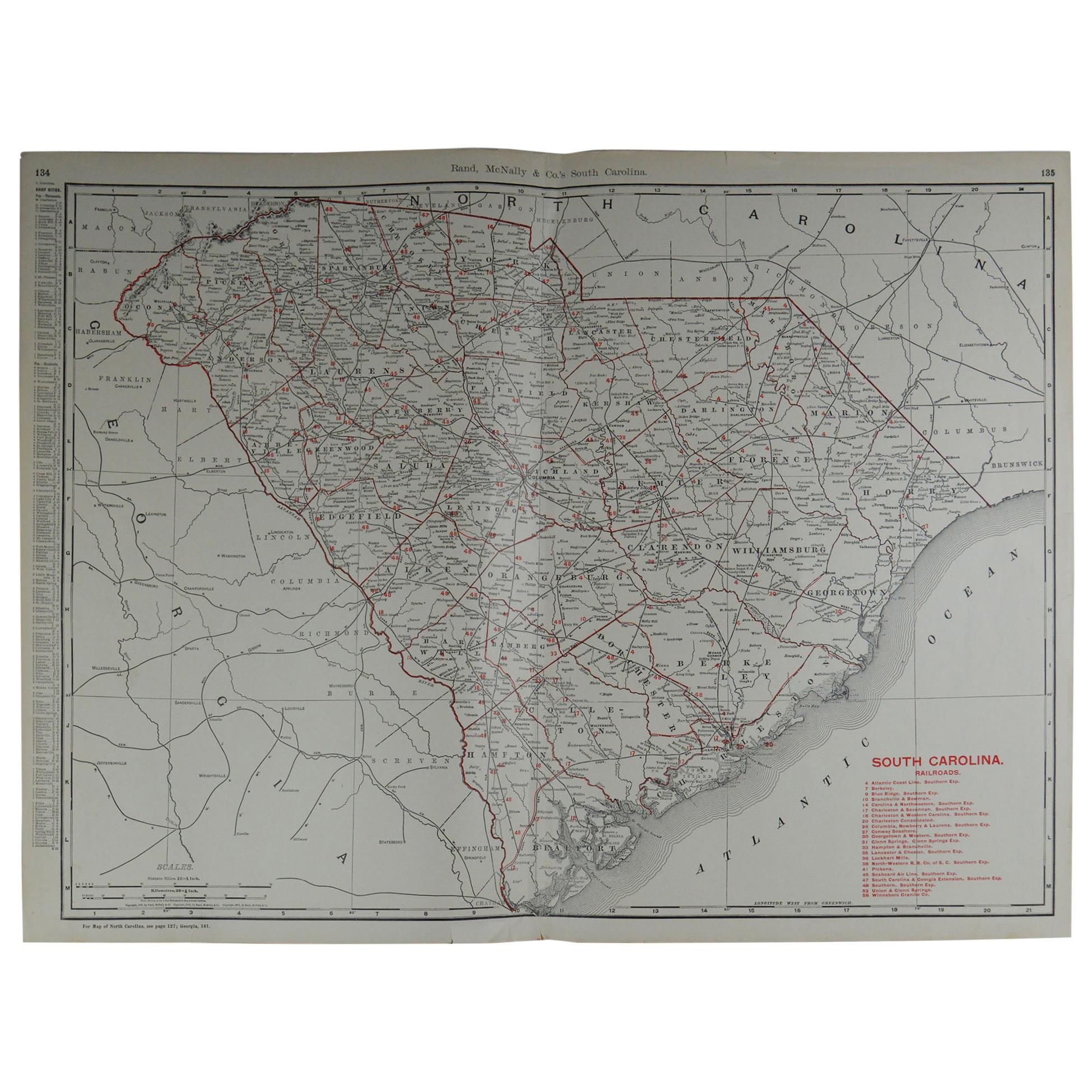 Large Original Antique Map of South Carolina by Rand McNally, circa 1900