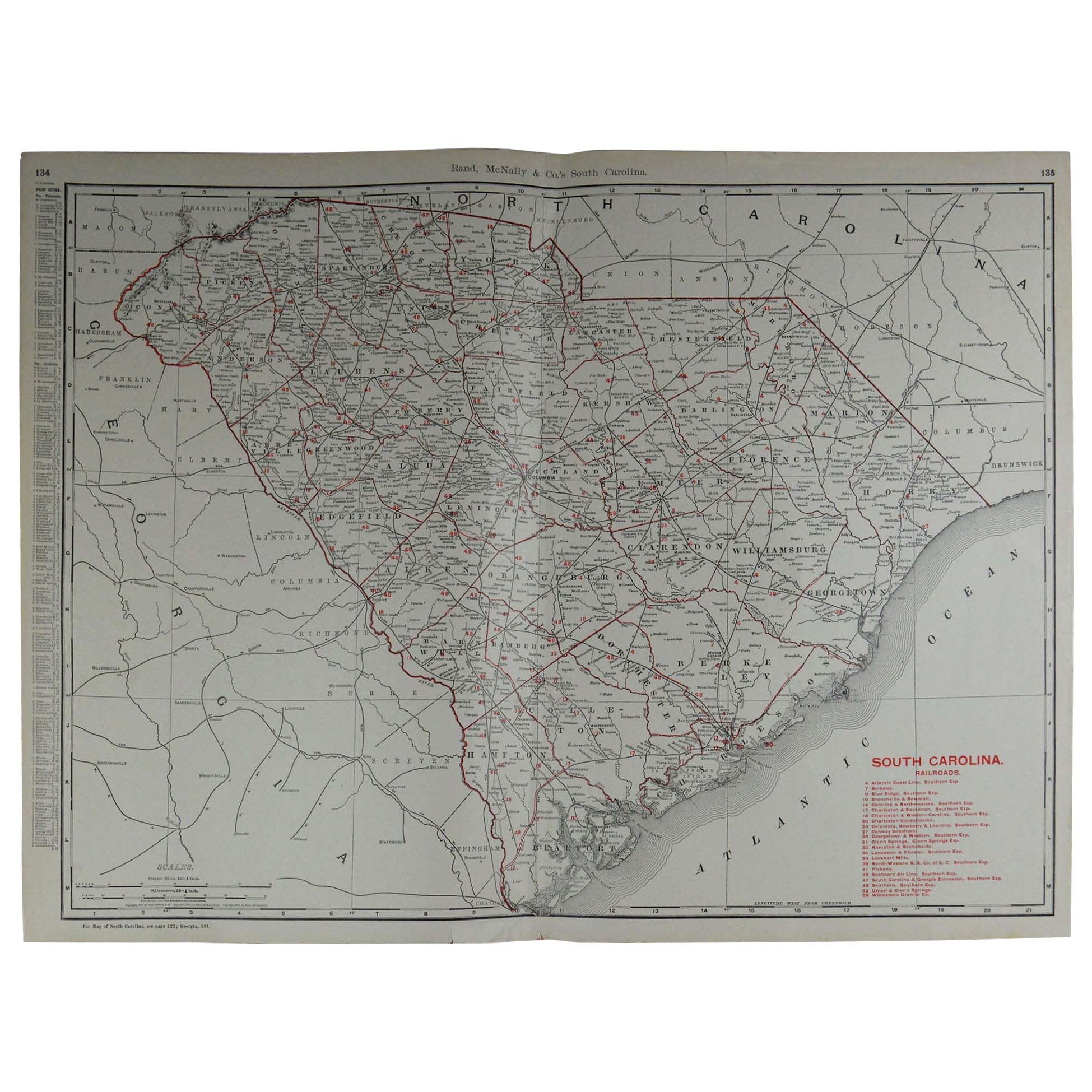 Large Original Antique Map of South Carolina by Rand McNally, circa 1900