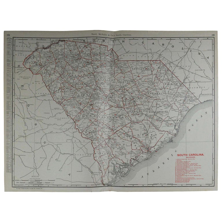Large Original Antique Map of South Carolina by Rand McNally, circa